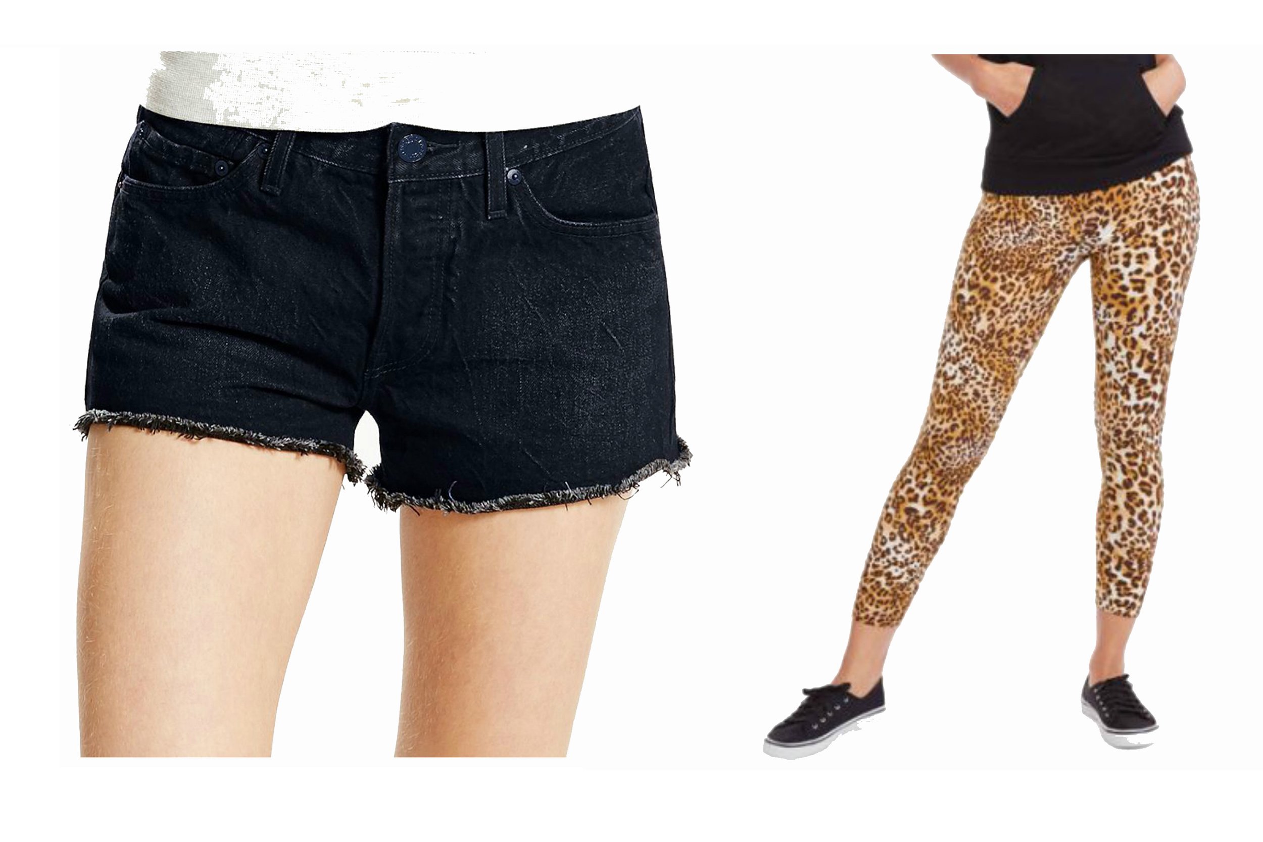 Close-up of dark shorts and leopard print leggings