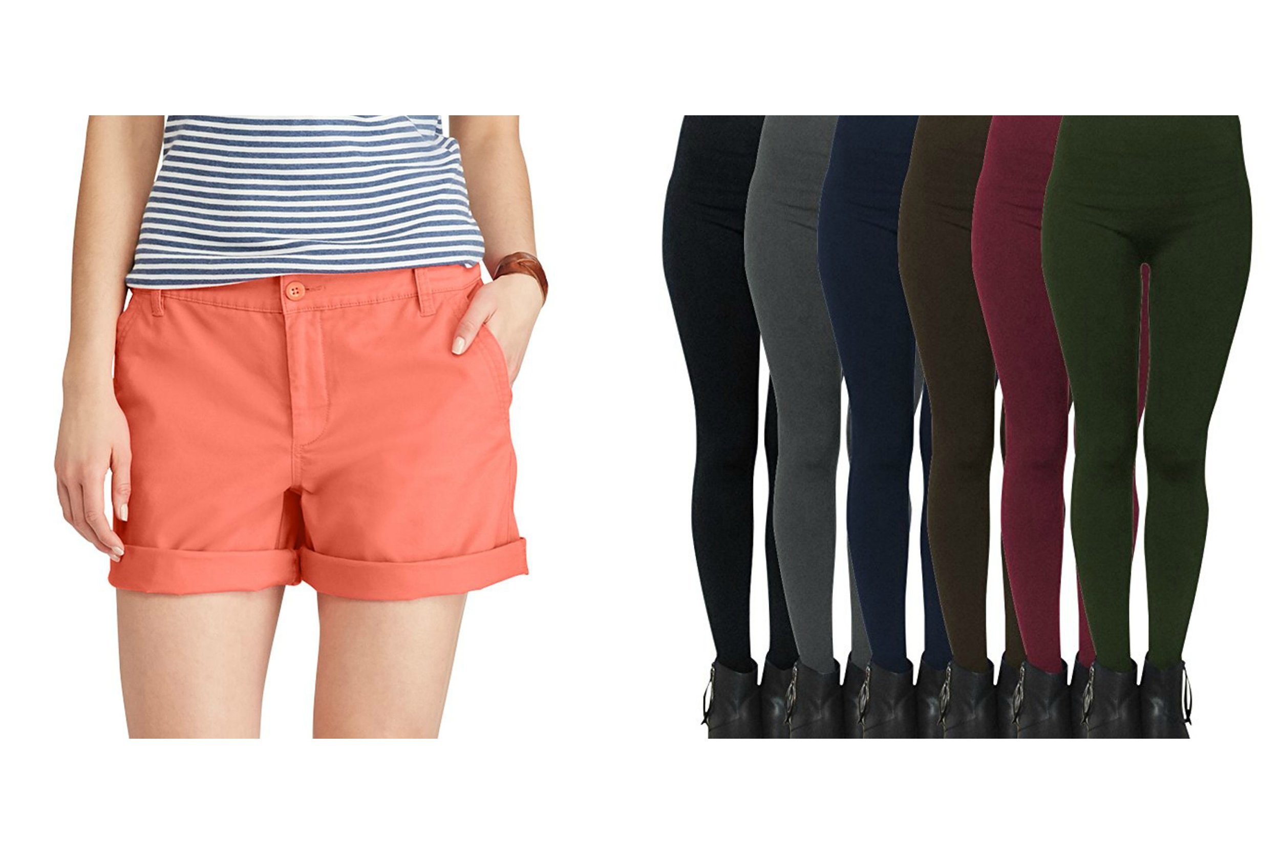 Close-up of pink cuffed shorts and a variety of leggings