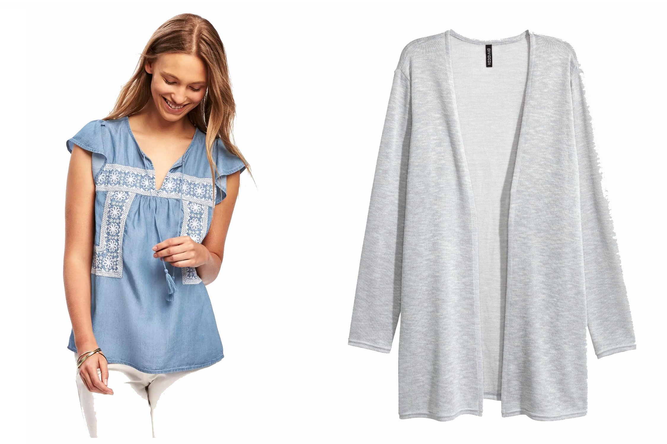 A model wearing a light blue blouse, and close-up of a cardigan sweater