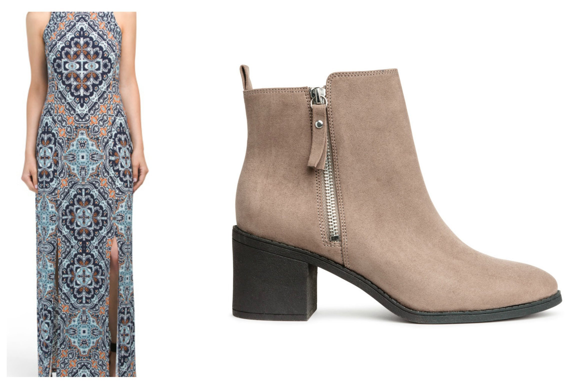Close-up of a patterned maxi dress and suede ankle boot