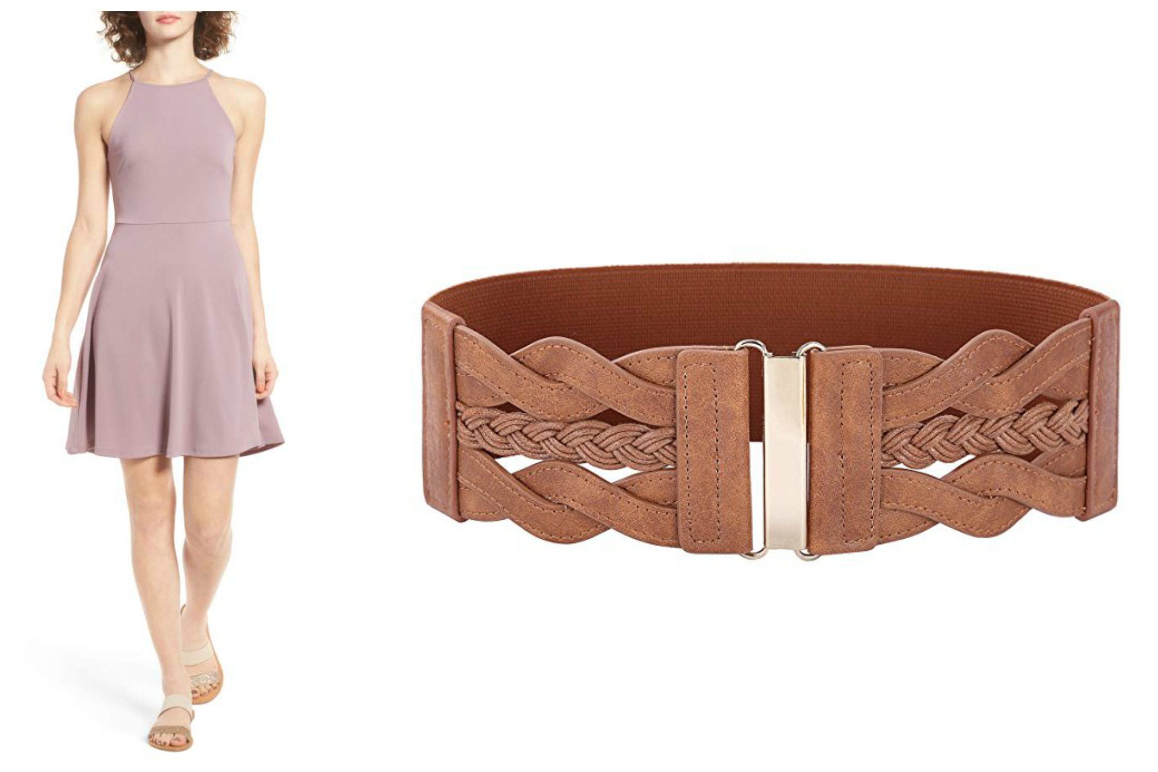 Close-up of a pink dress and a brown leather belt