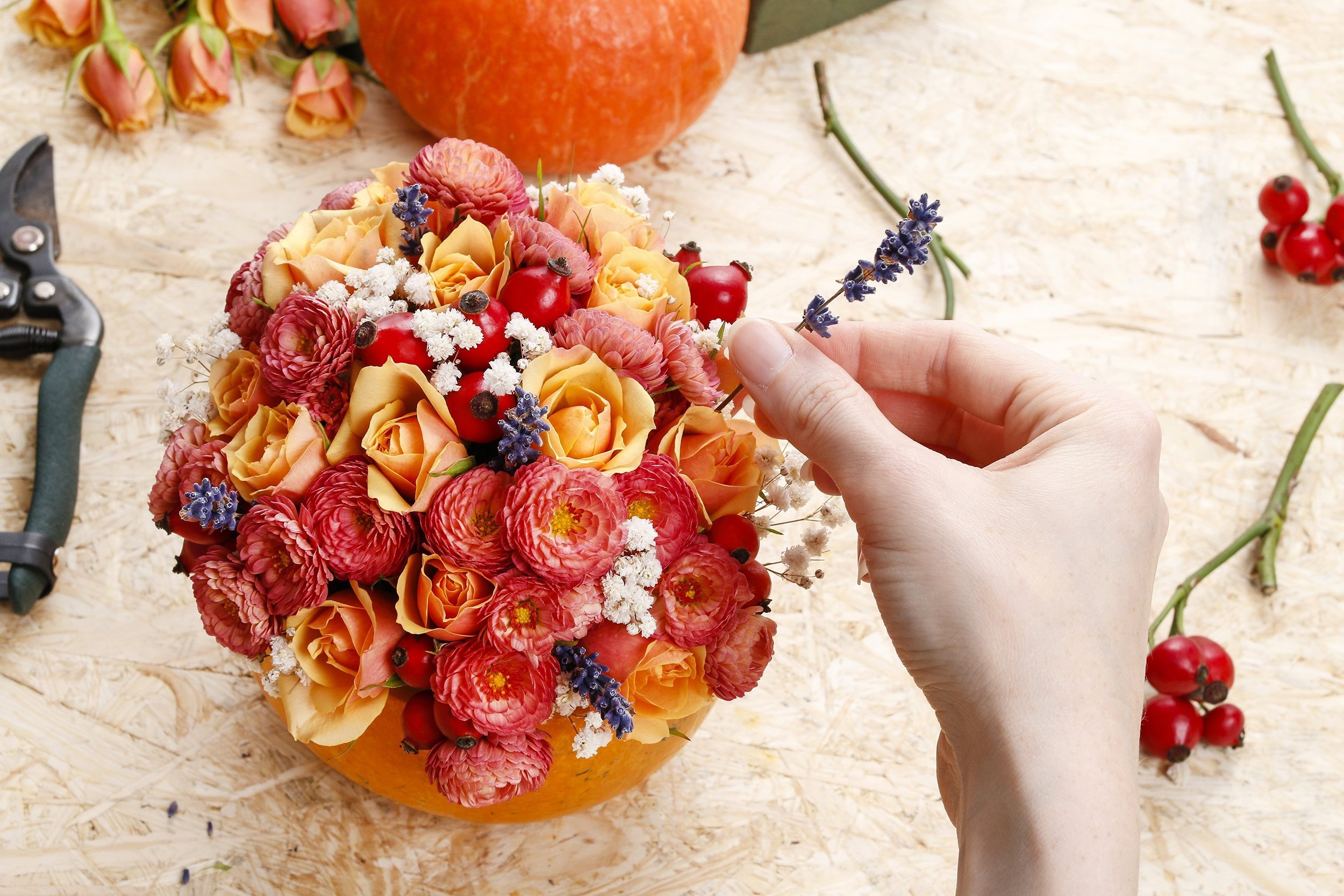 someone arranging flowers into the pumpkin