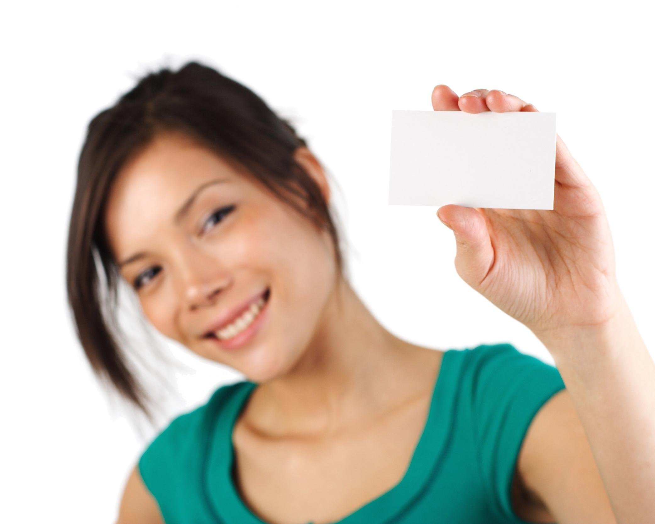 college girl showing card