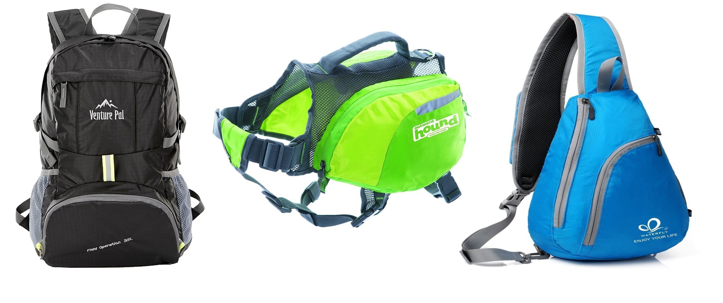 Multiple backpacks on a white background
