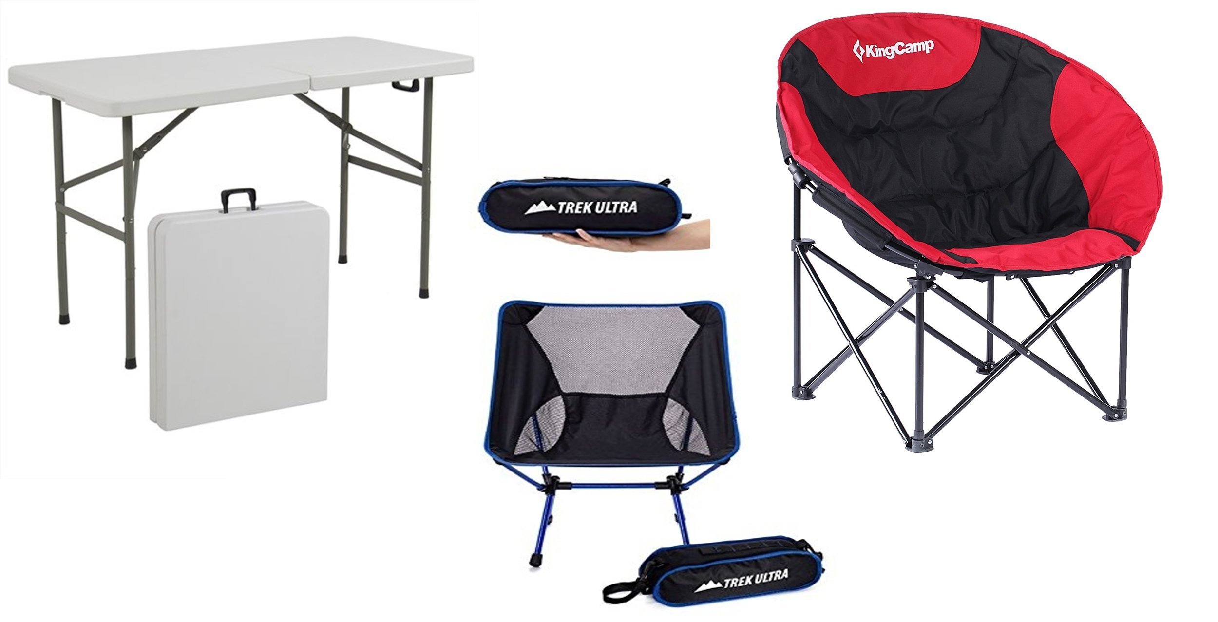 A folding table, red chair and small black chair on white background