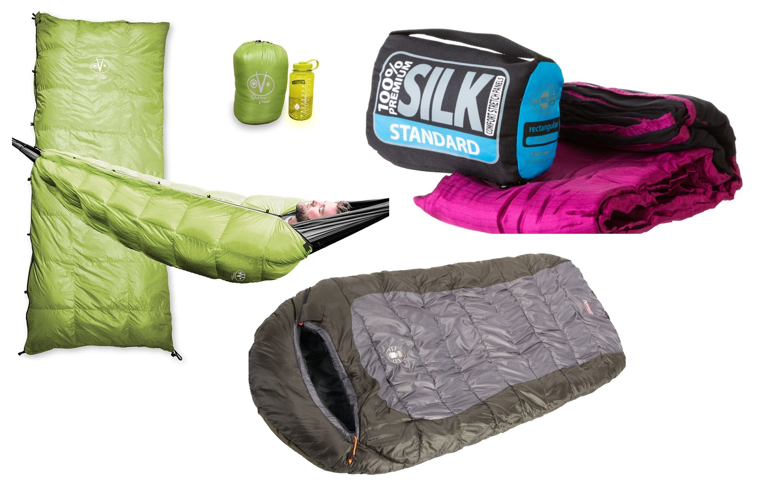 Multiple types of sleeping bags on white background