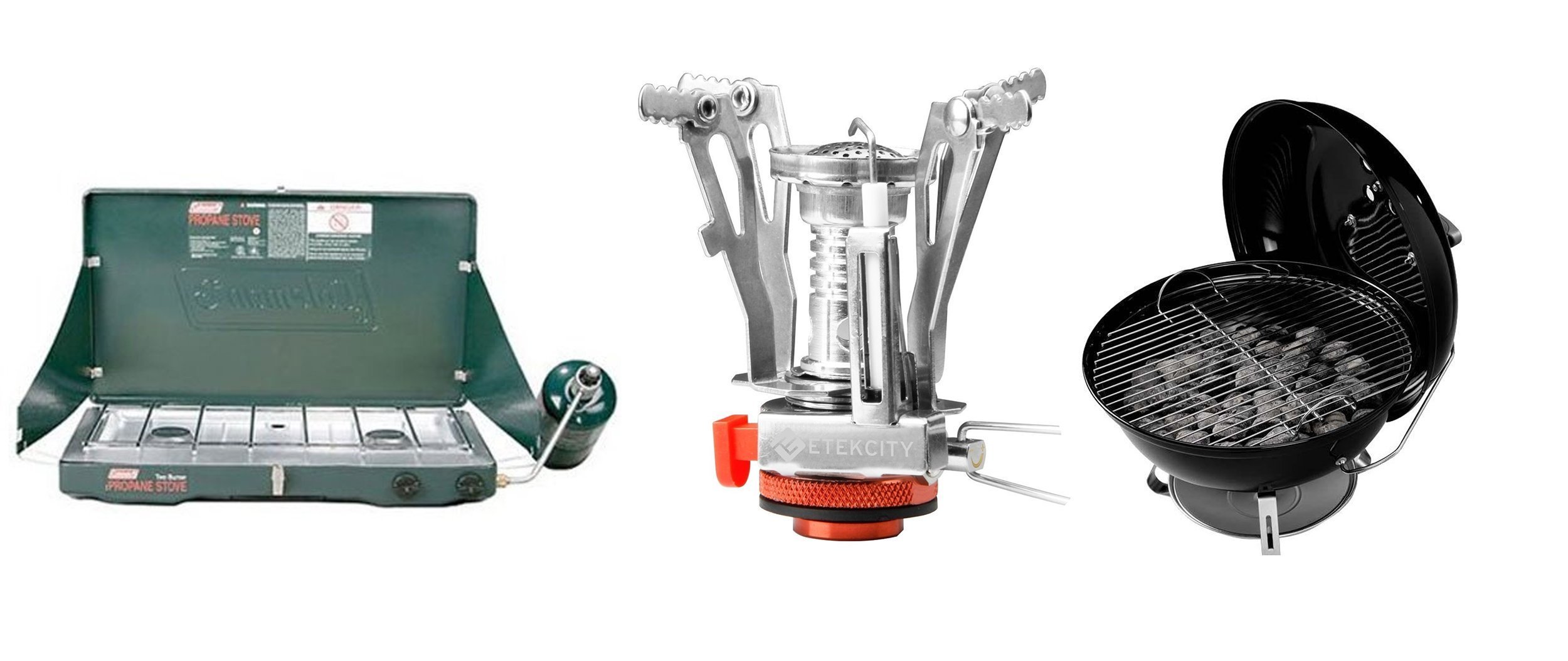 A grill and two camping stoves on a white background
