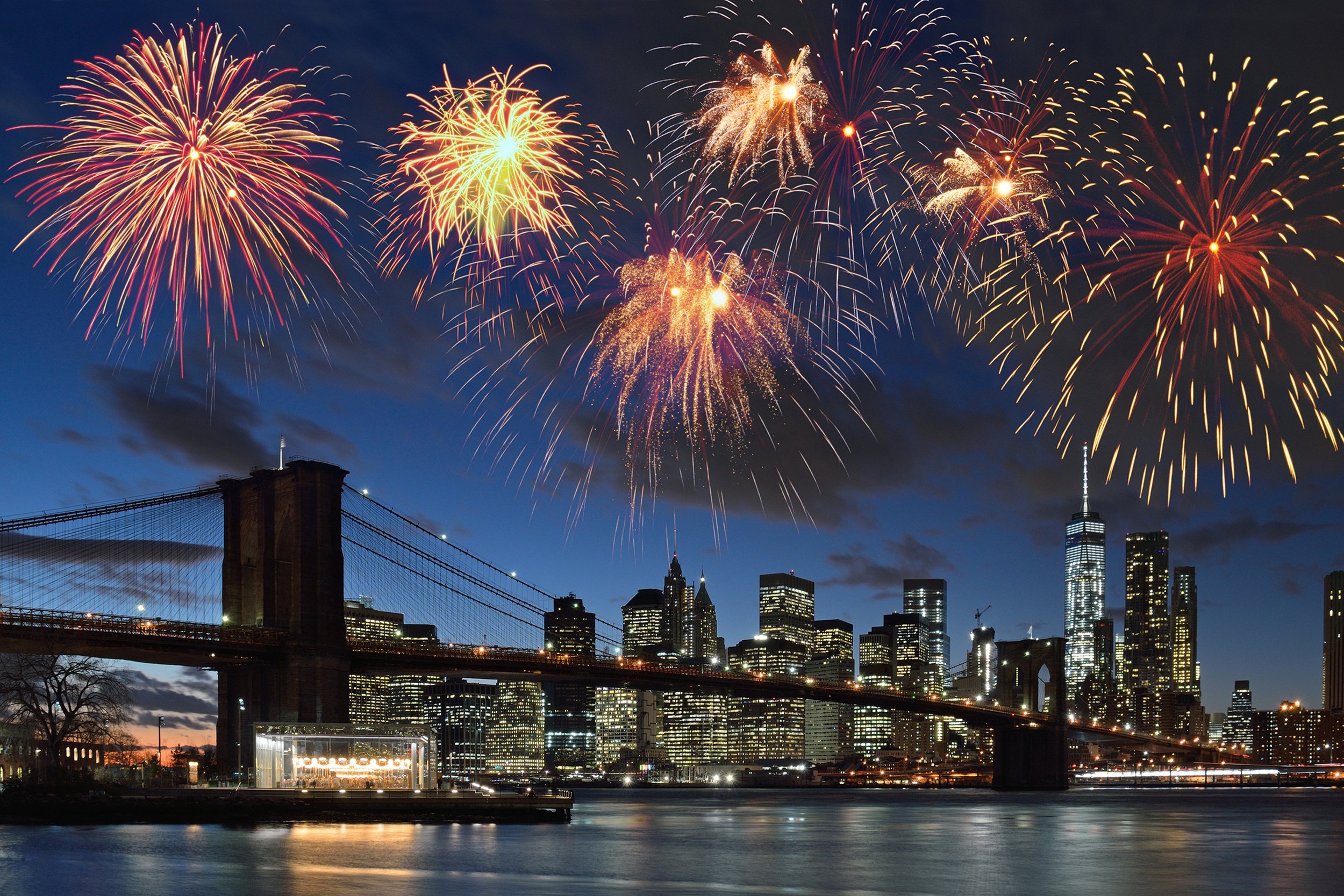 fireworks over the East River in New York City