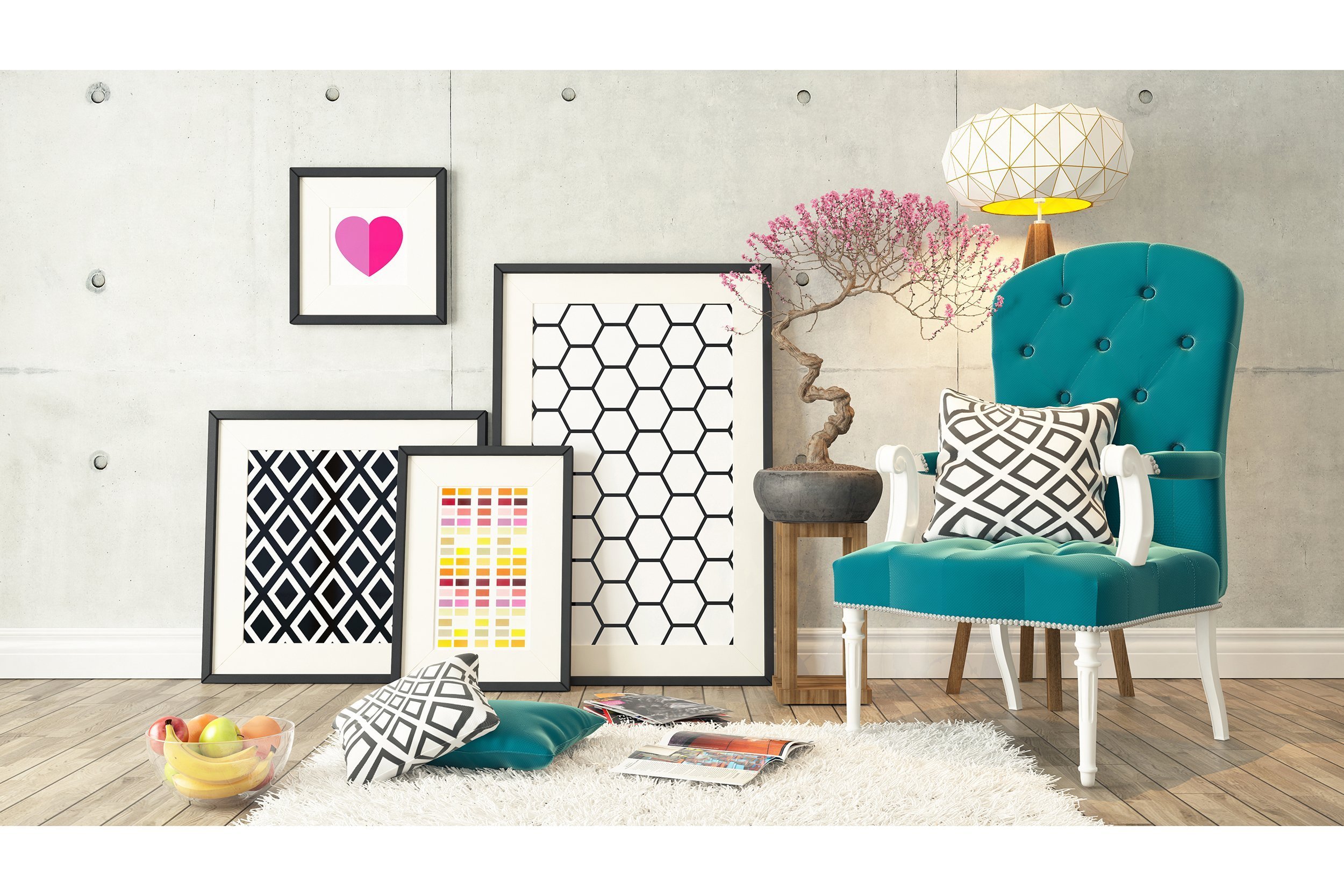 Room full of interesting furniture, lamps, and prints