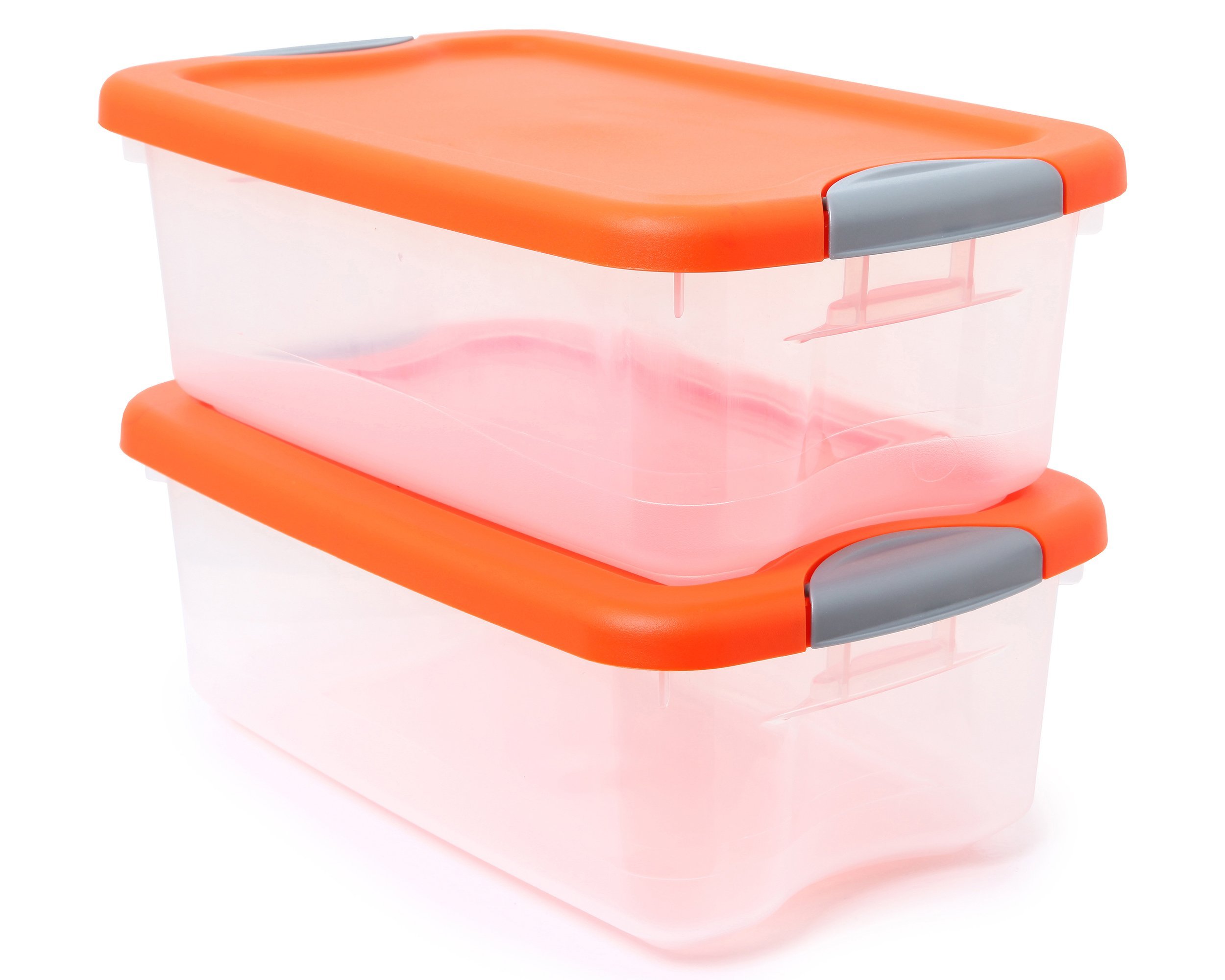 two orange and clear plastic storage container bins