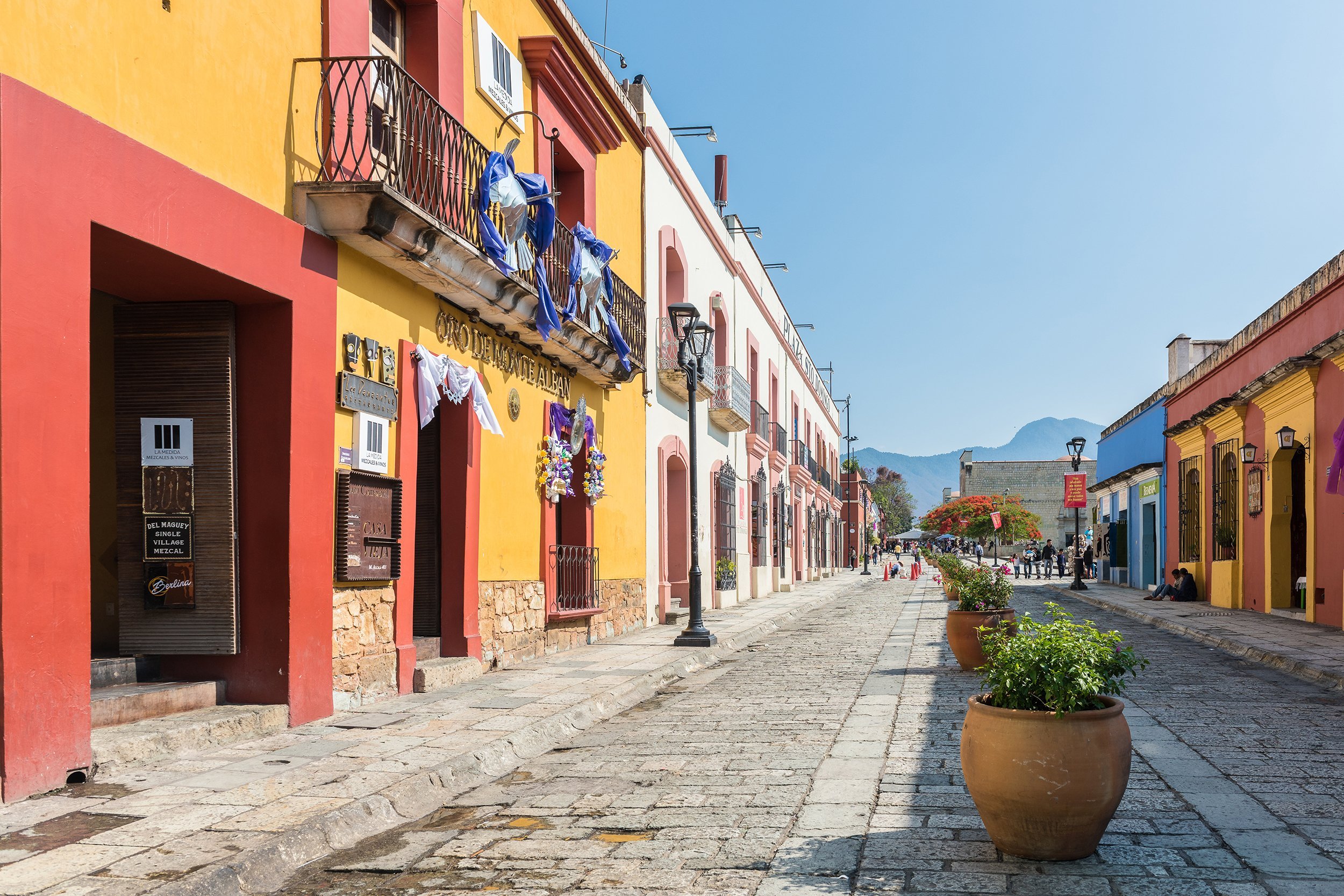 colorful buildings on the cobblestone streets of Oaxaca, Mexico