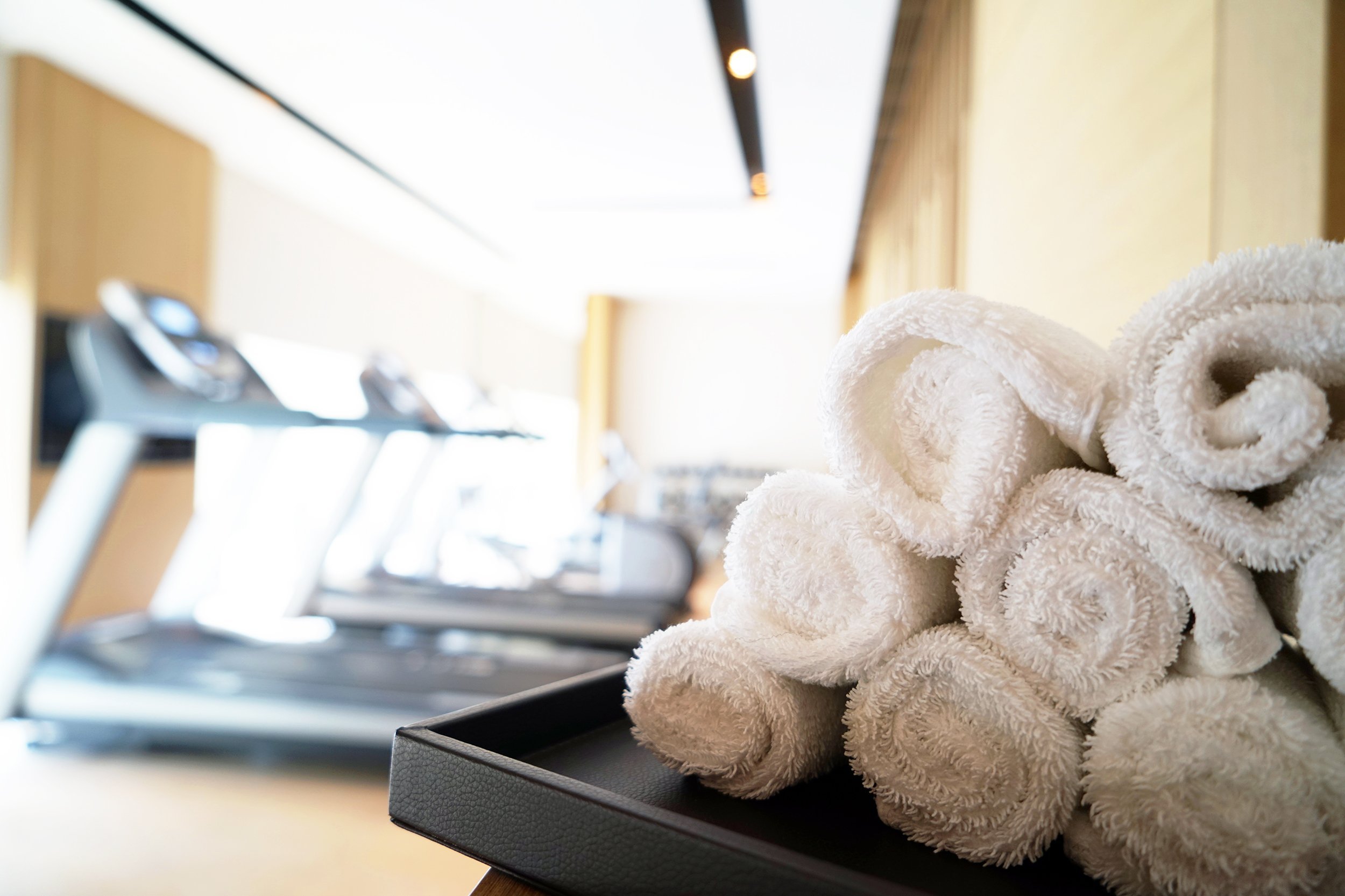 Towels in a fitness gym in a hotel