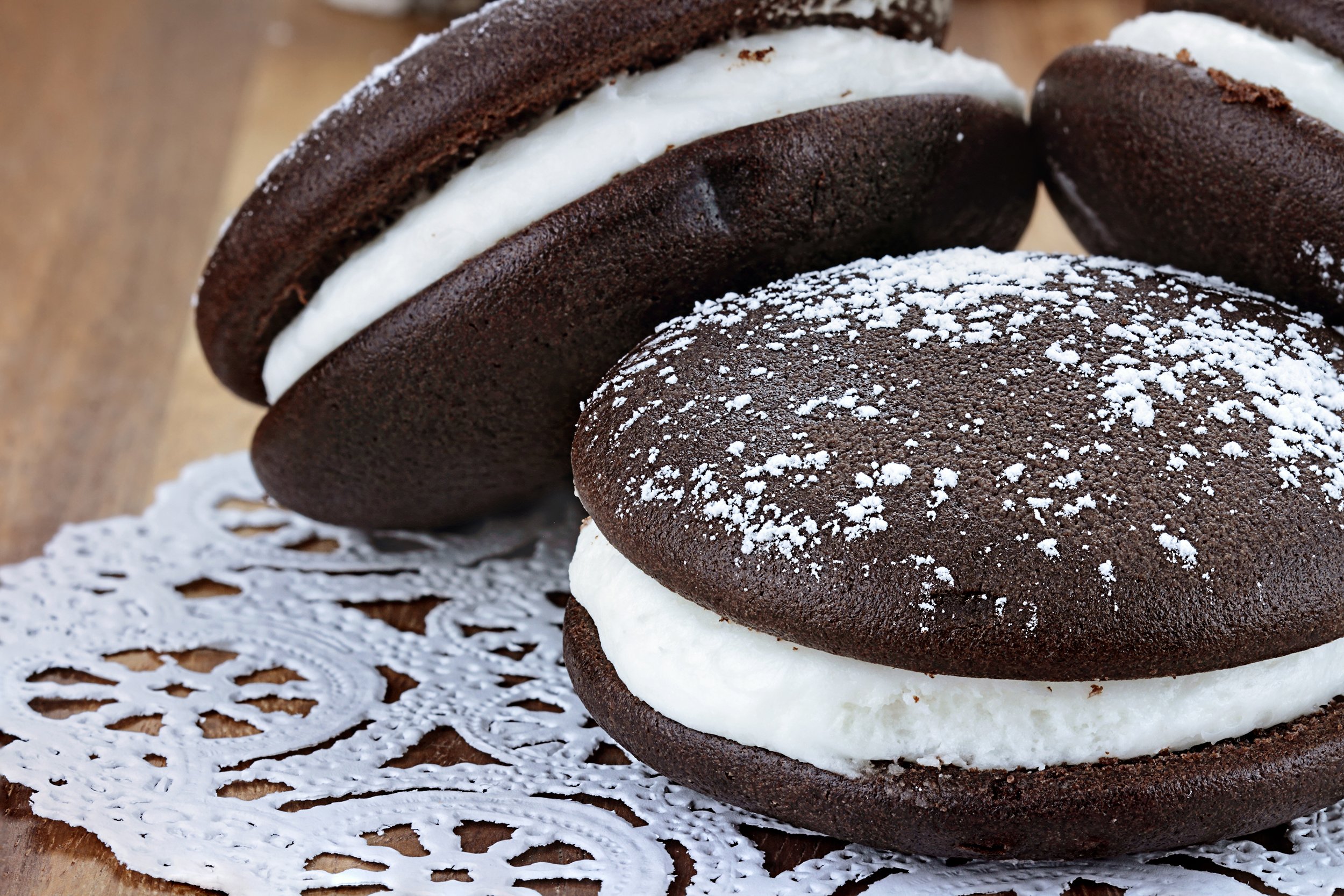 Close-up of chocolate whoopie pies with cream filling