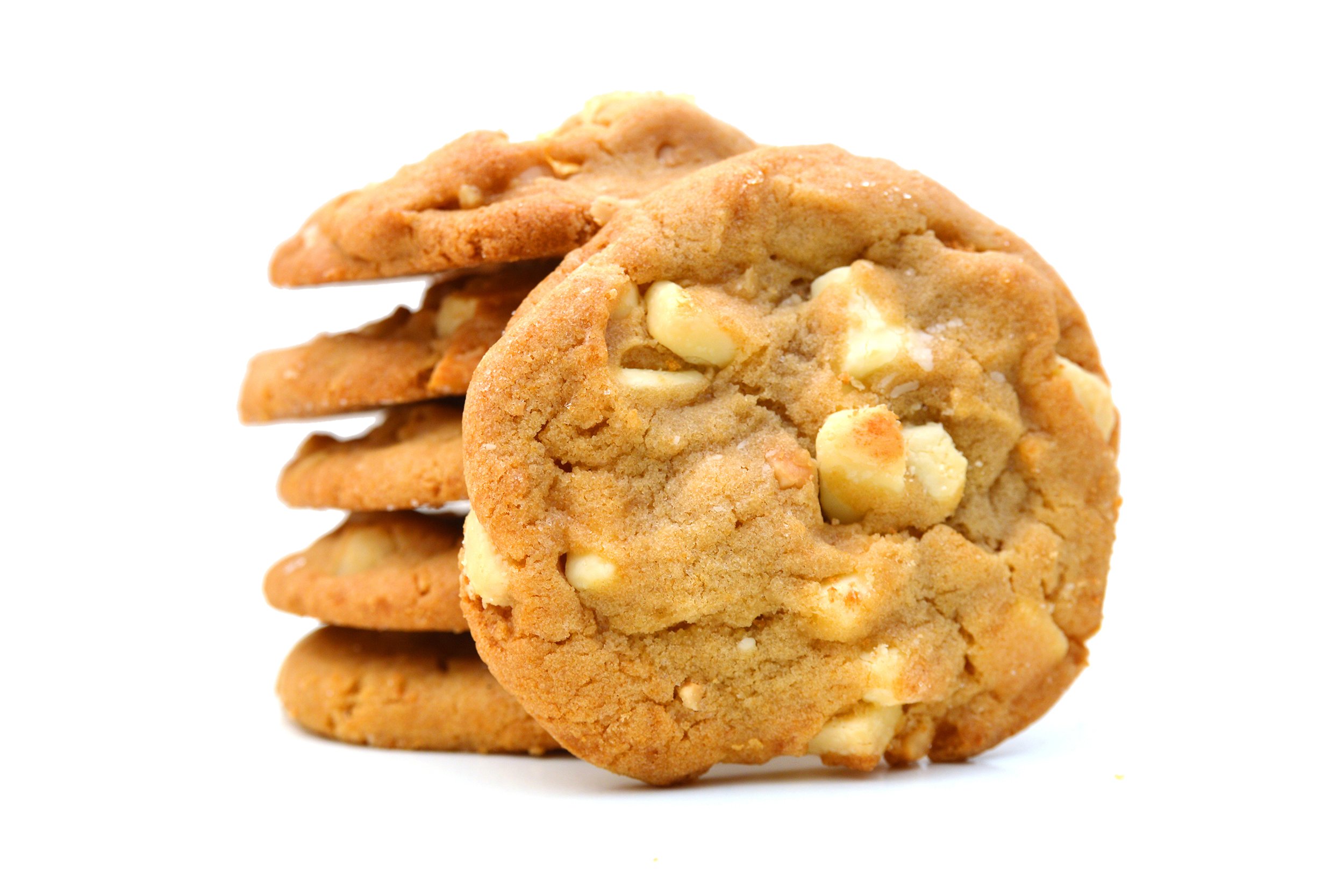 Stack of white chocolate macadamia nut cookies