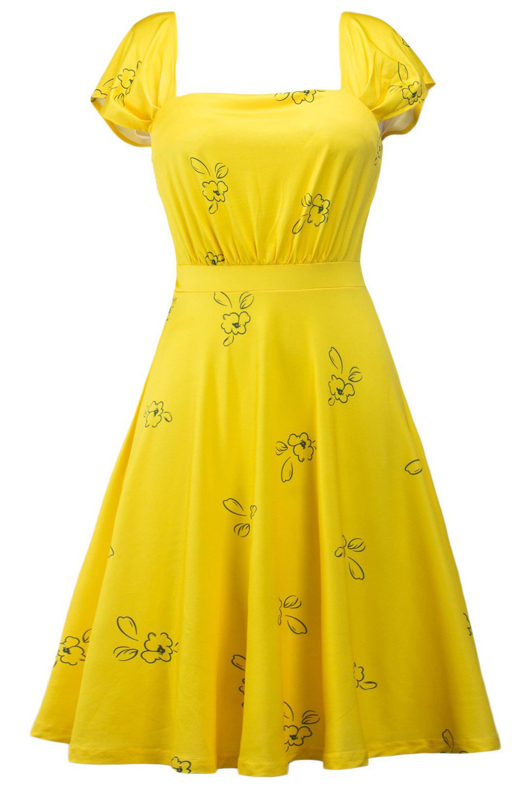 Yellow Printed Square Neck High Waist Skater Dress
