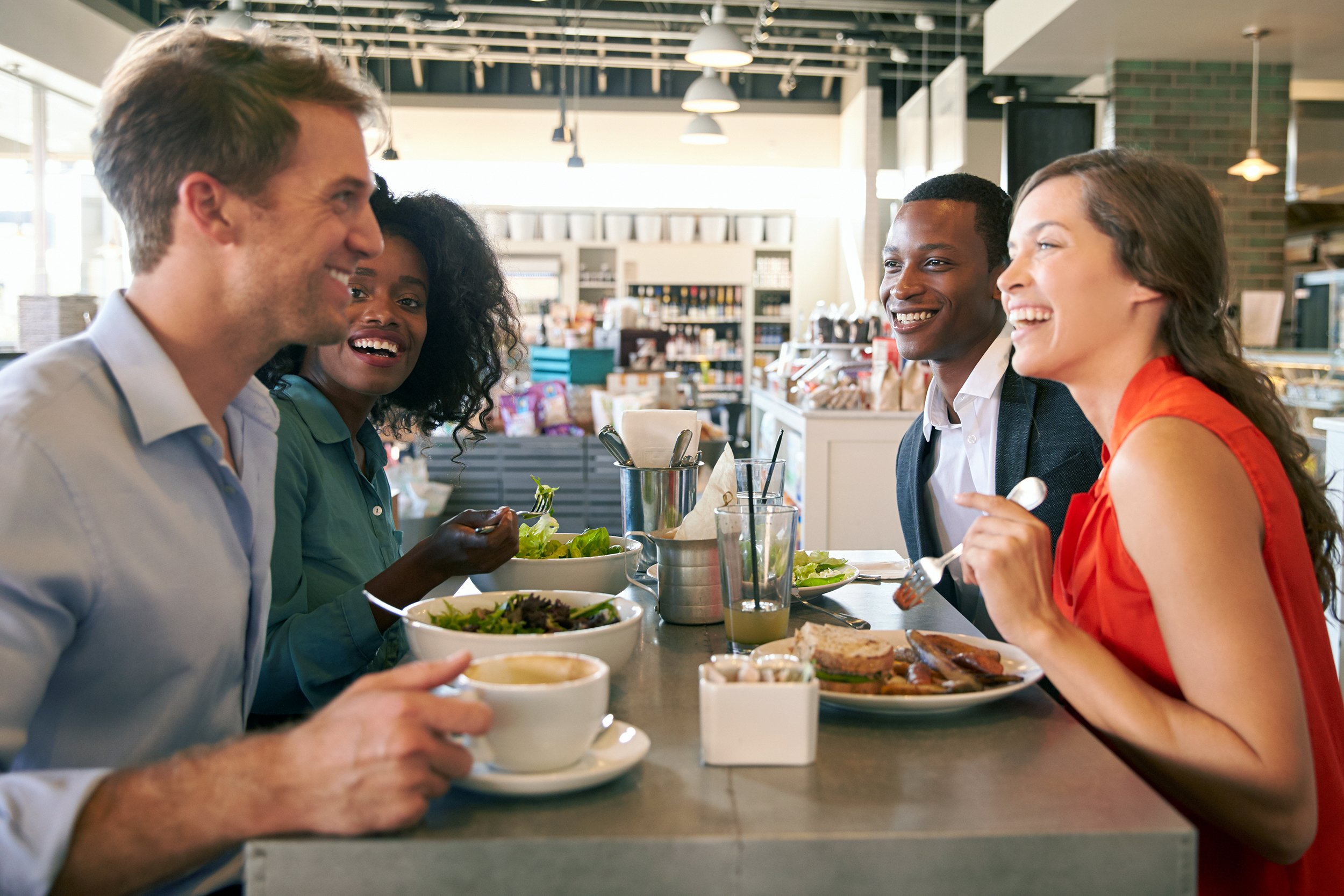 Group of employees out to lunch having fun