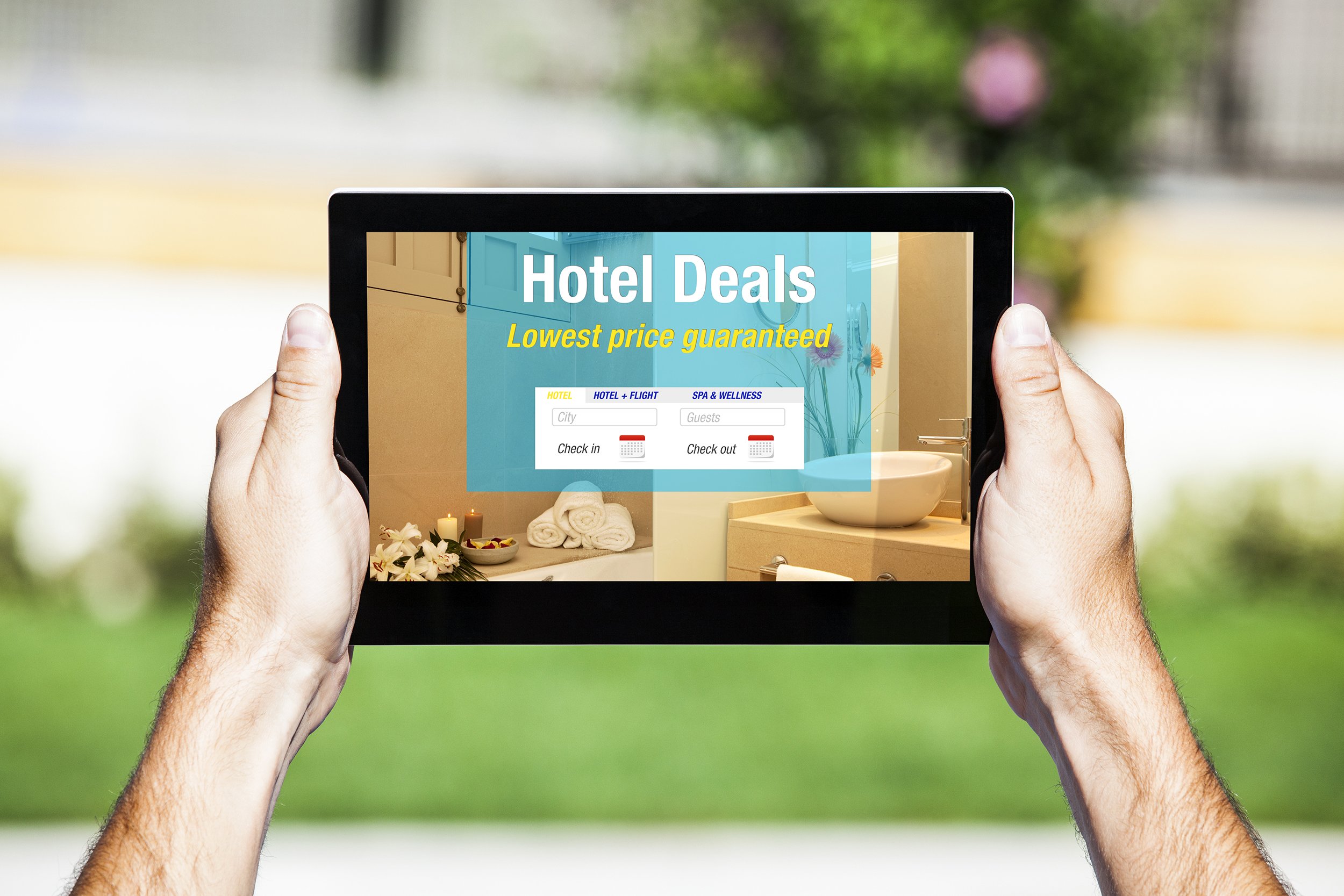 Closeup of tablet showing discounted hotel rates