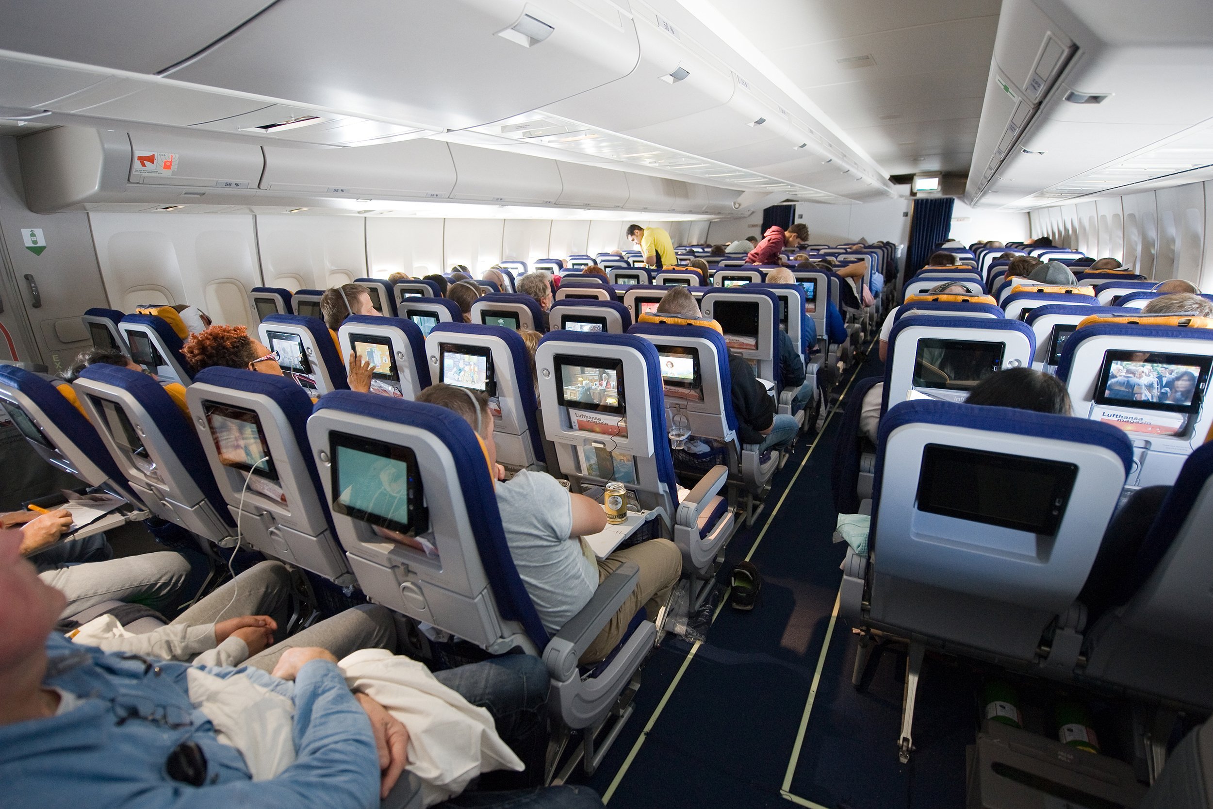 interior of an airplane on an intercontinental flight to America