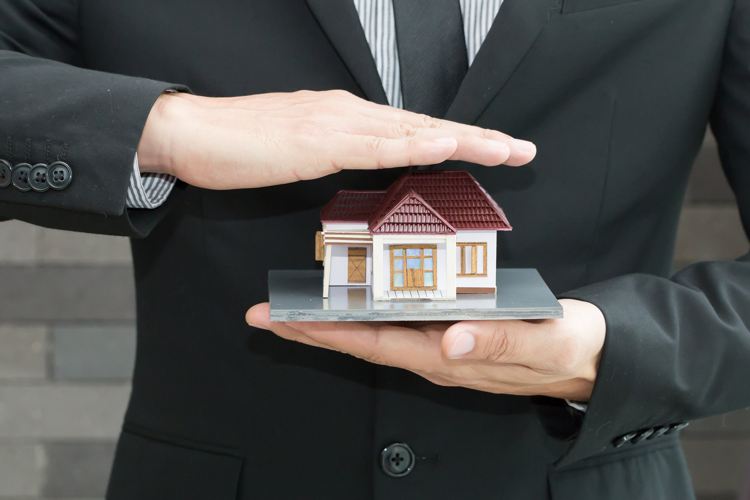 Businessman holding a model house between his hands