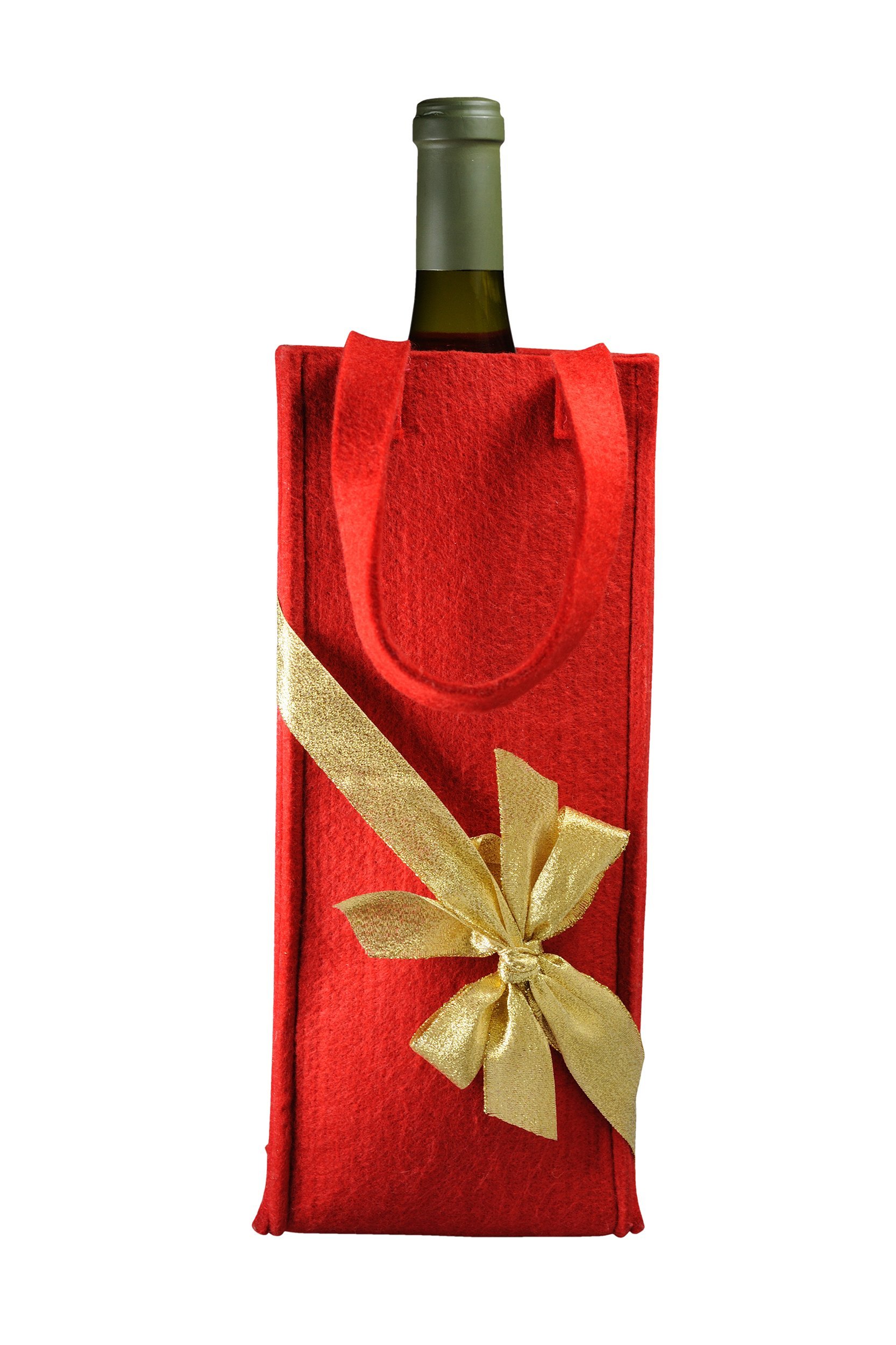 Bottle of wine in a red bag with a gold bow