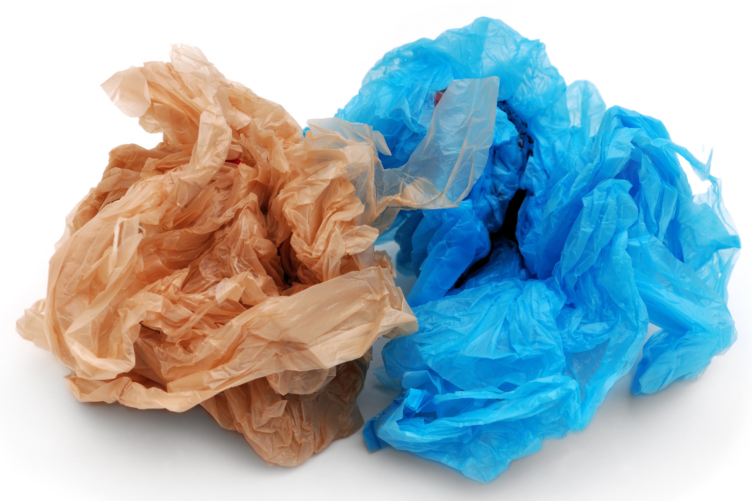 blue and brown plastic grocery bags