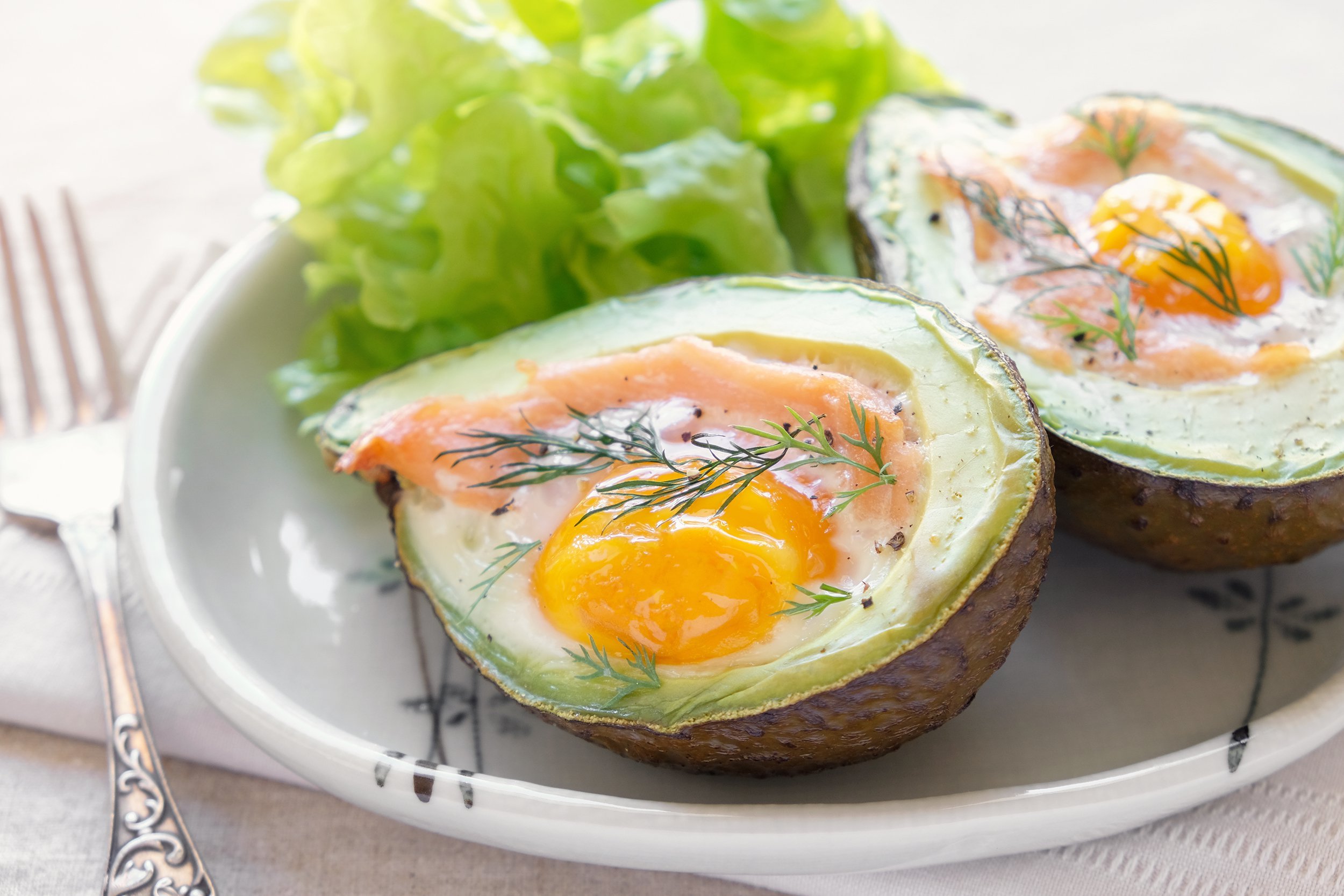 baked smoked salmon, egg in avocado