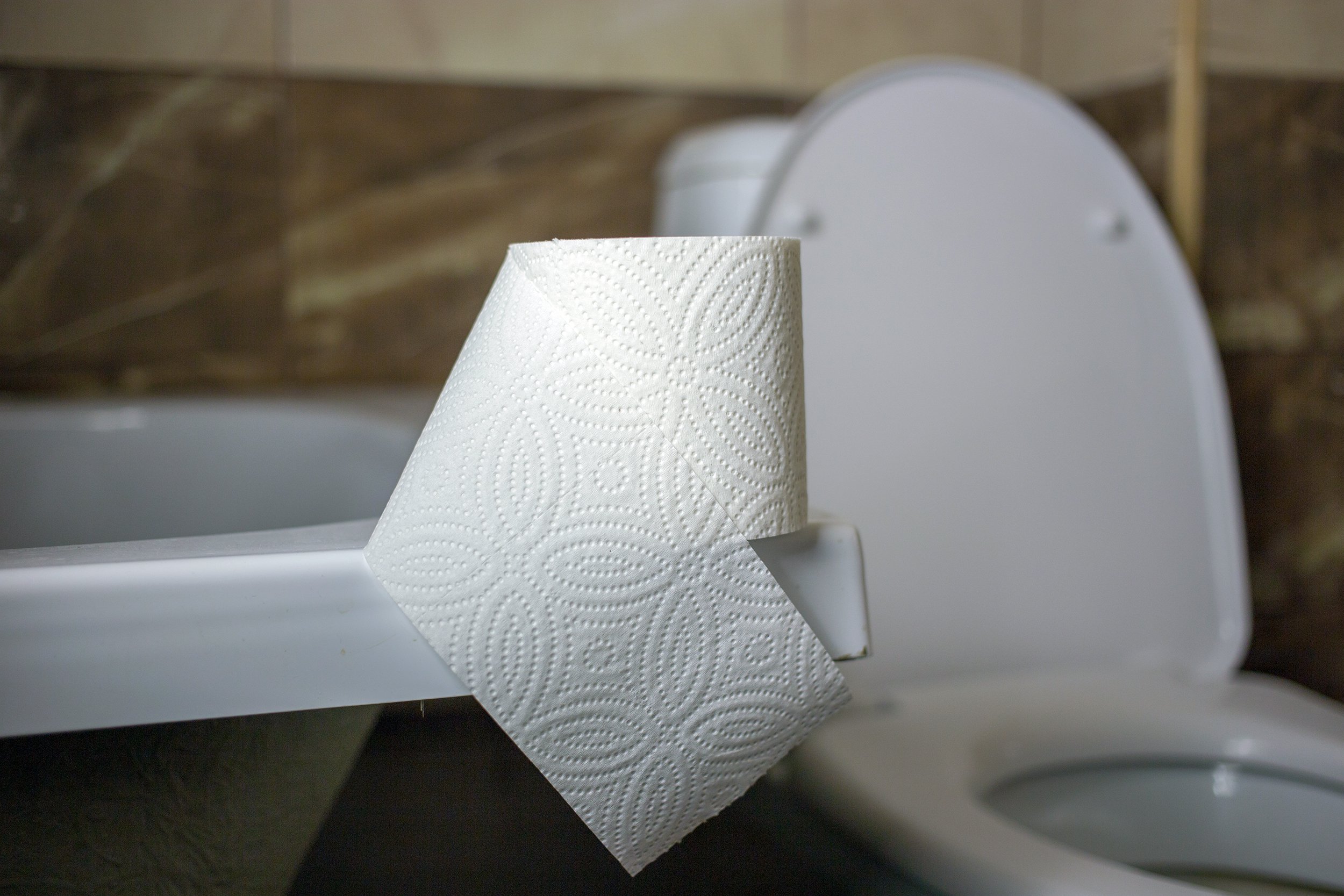 toilet paper roll on the edge of the sink with toilet background