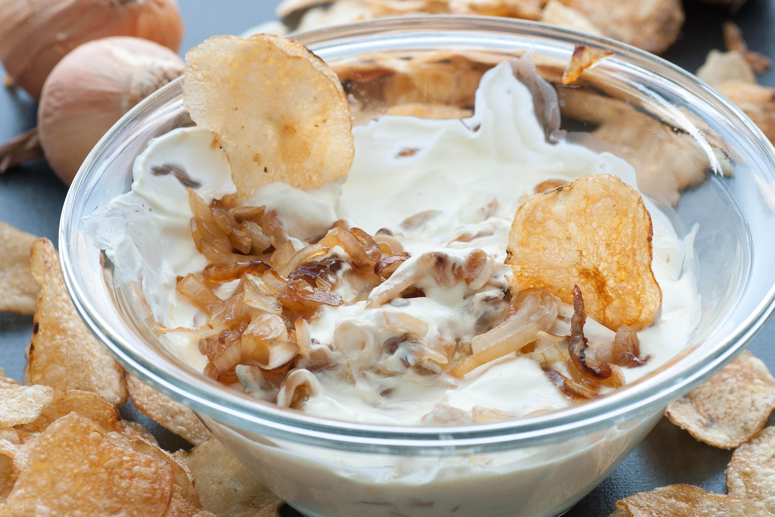 Caramelized Onion Dip and Baked Potato Chips