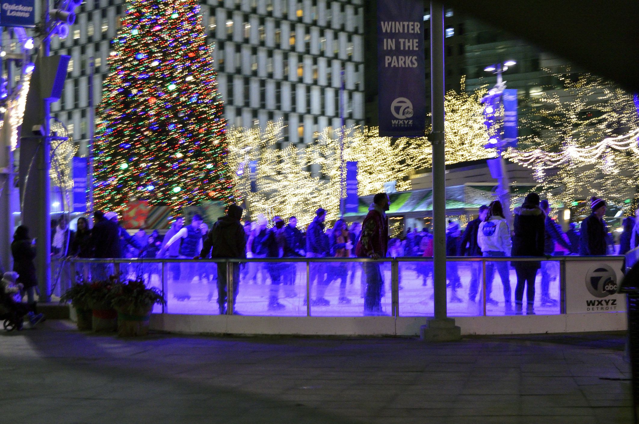 Detroit, Michigan January 05, 2019: The Rink At Campus Martius Park. View from the intersection of Monroe Street and Woodward Avenue.