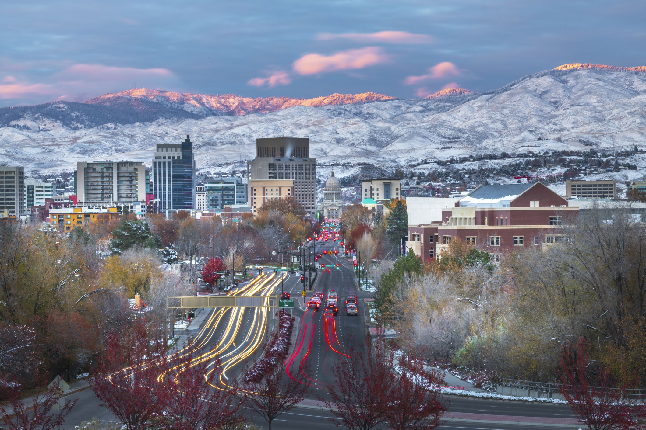 Downtown Boise, Idaho at dusk with traffic long exposure.