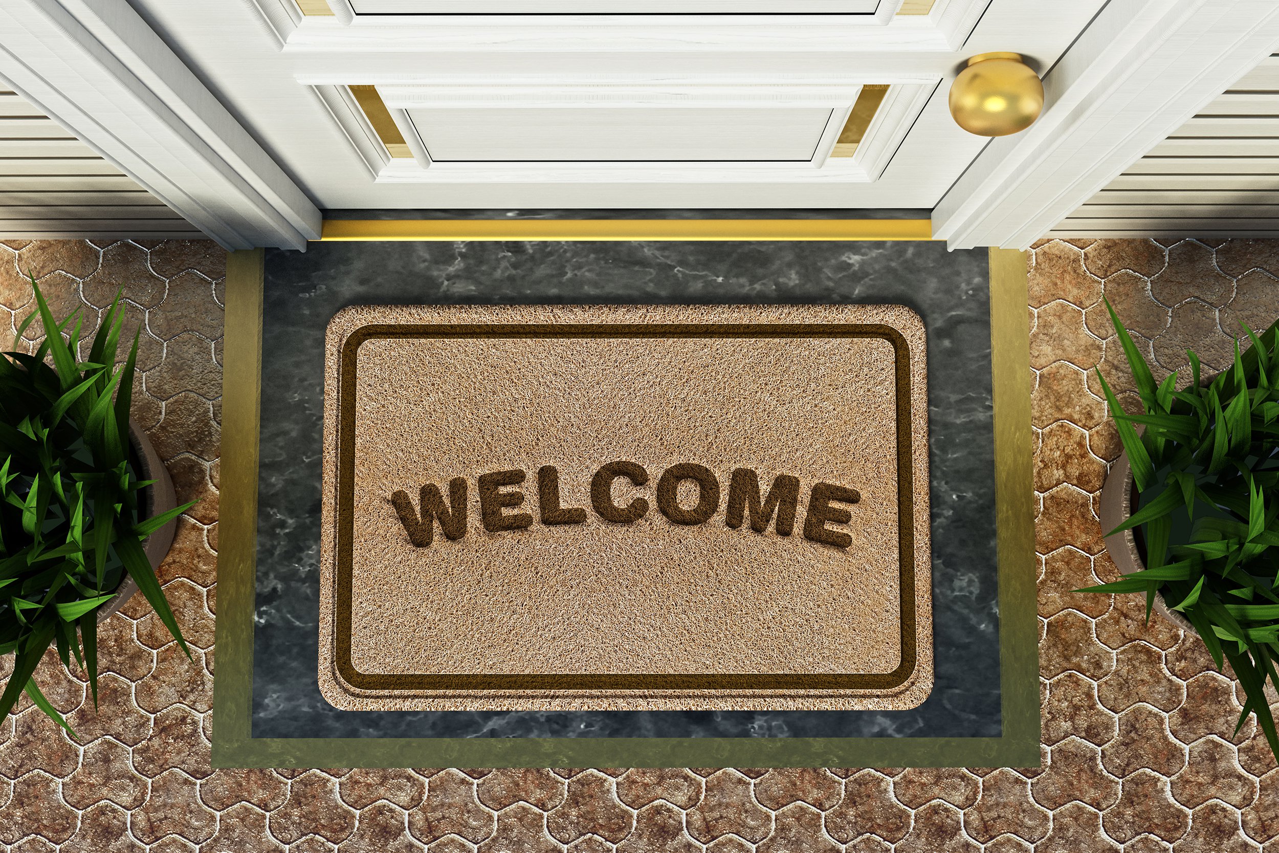 door mat with welcome word standing in front of the house door