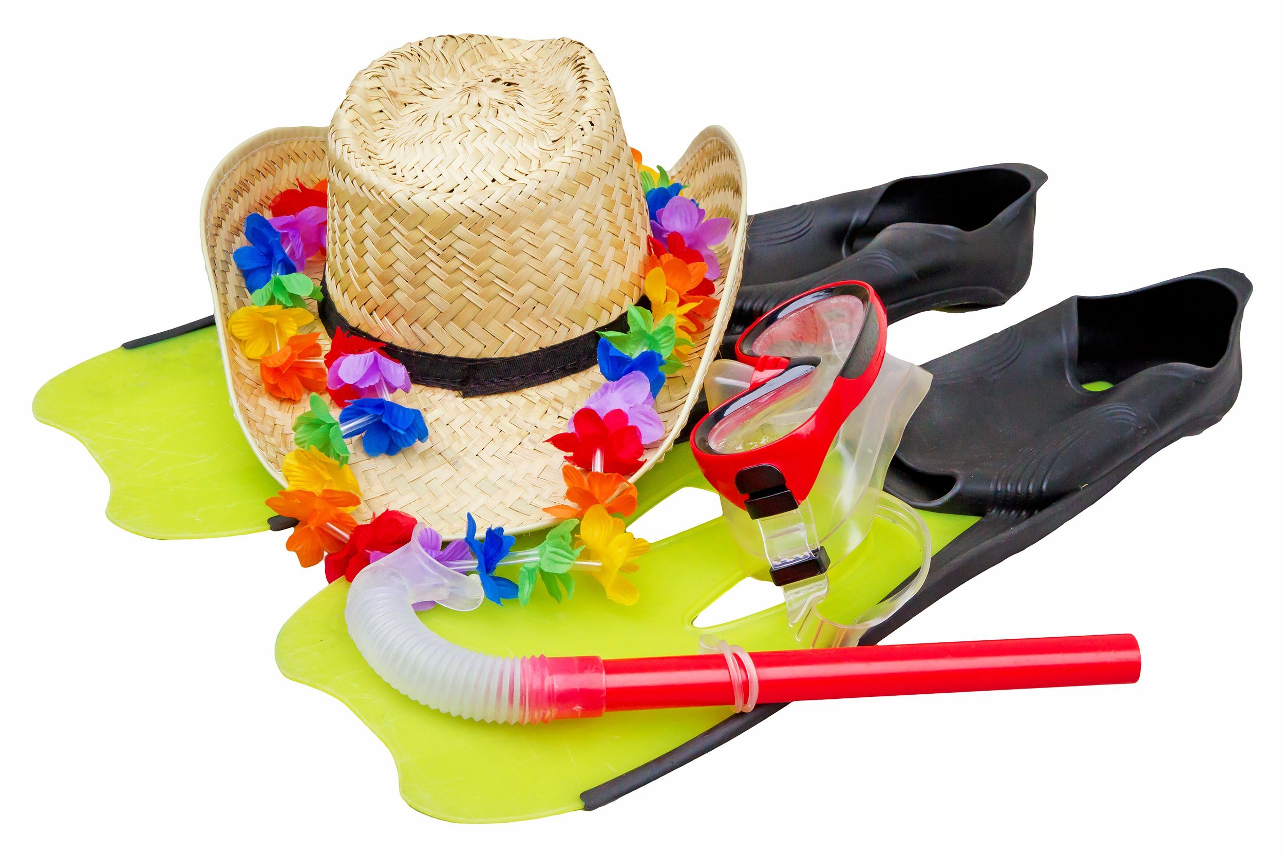 snorkel equipment and straw hat