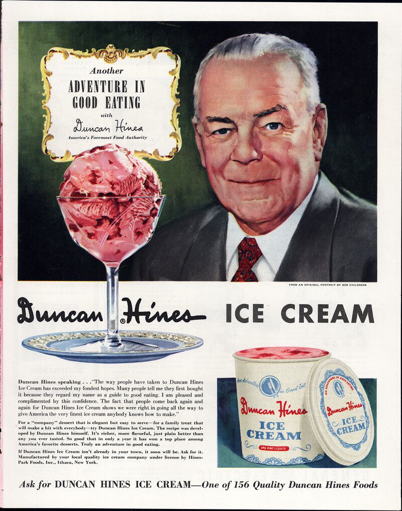 1950s ad for Duncan Hines ice cream quotes Hines