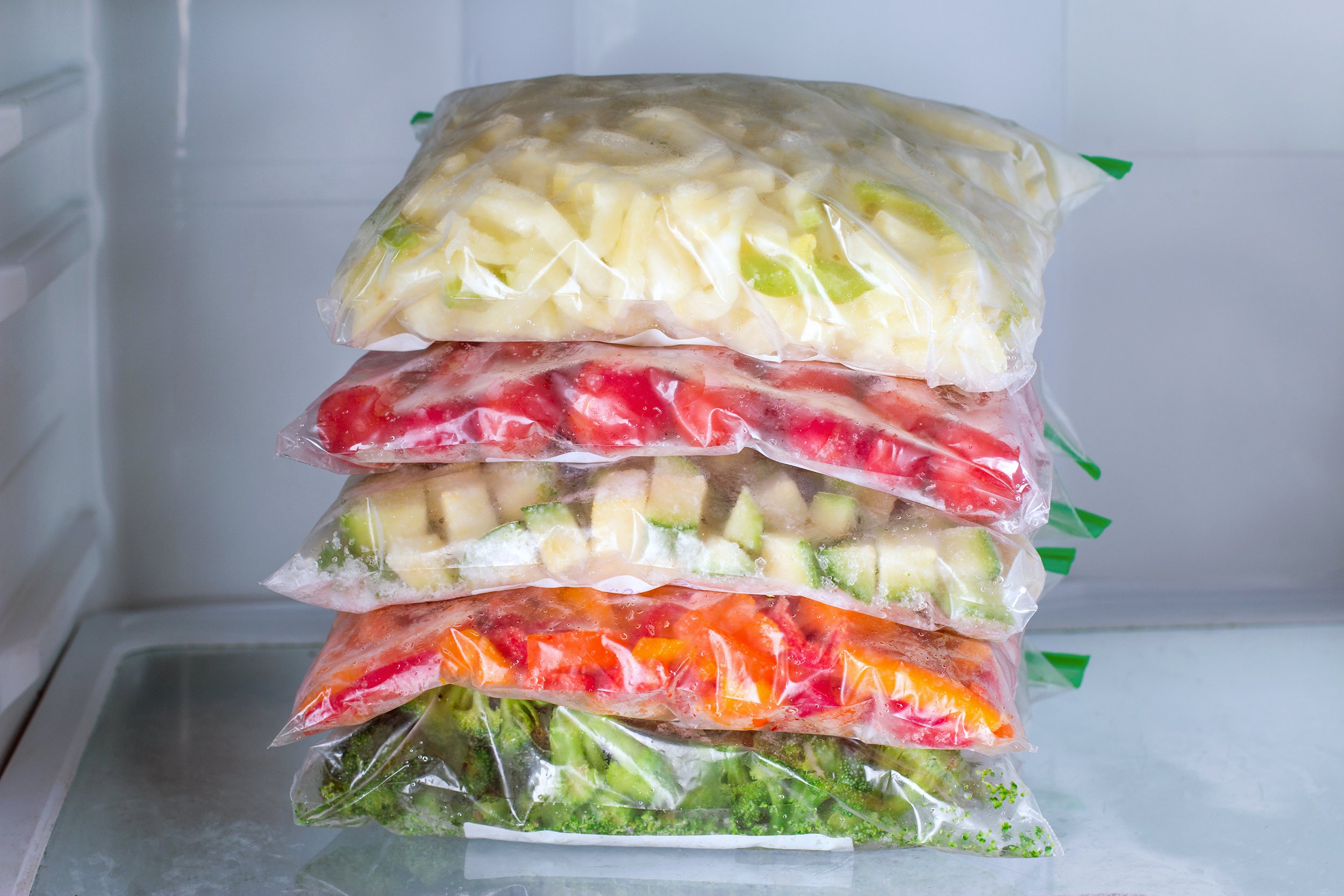 Bags of prepared foods in the freezer