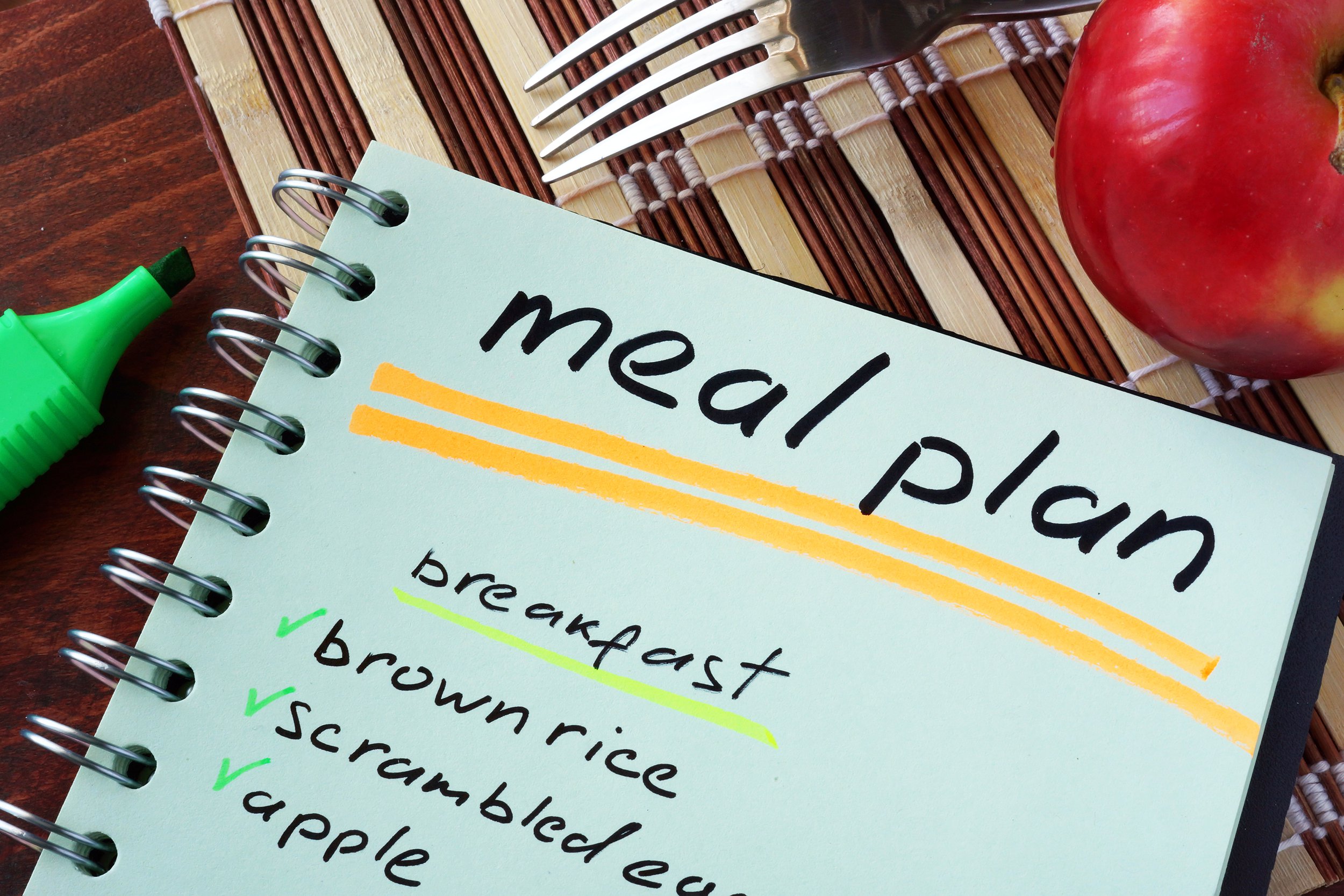 Meal plan written in a notebook on a table
