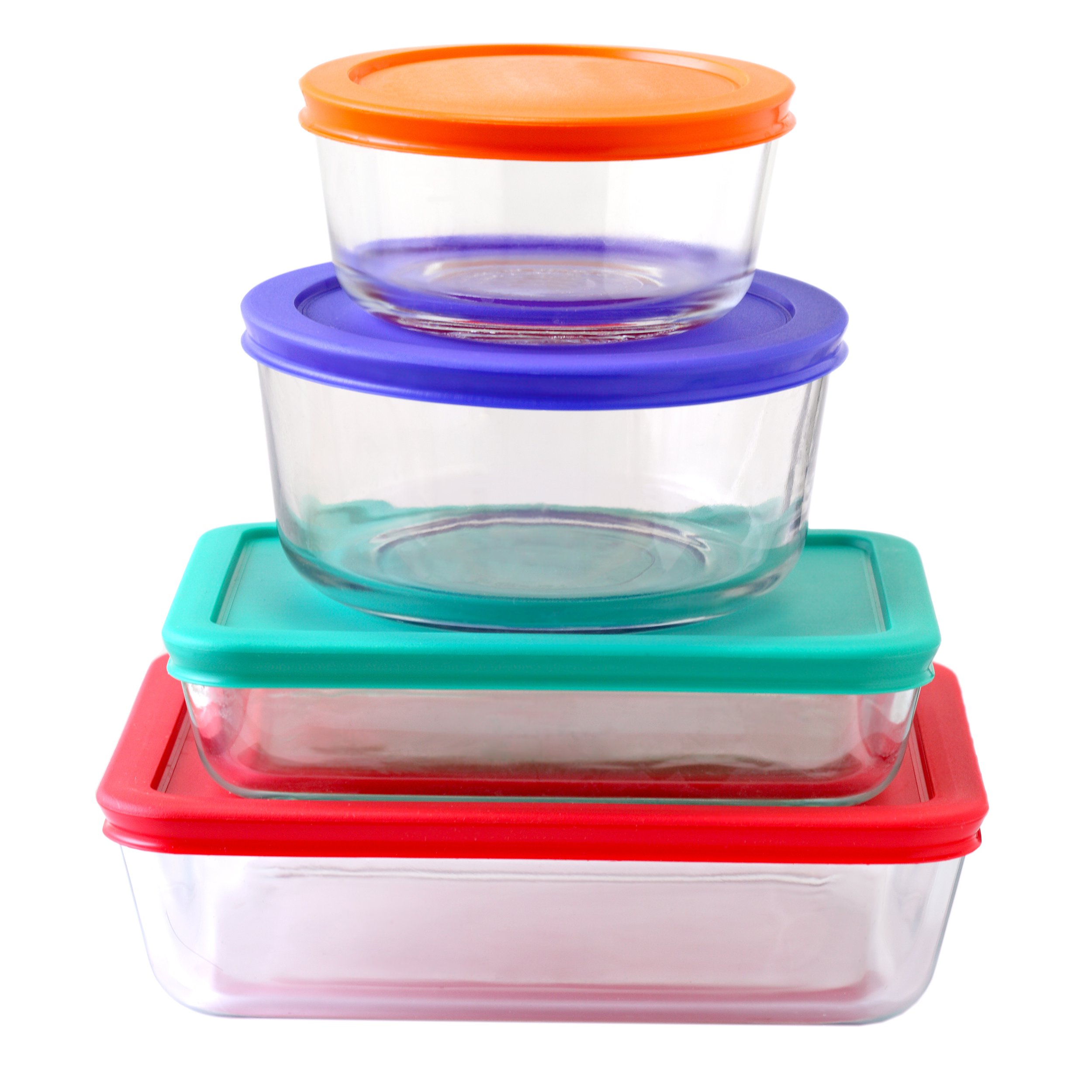 Stack of food storage containers with colorful lids