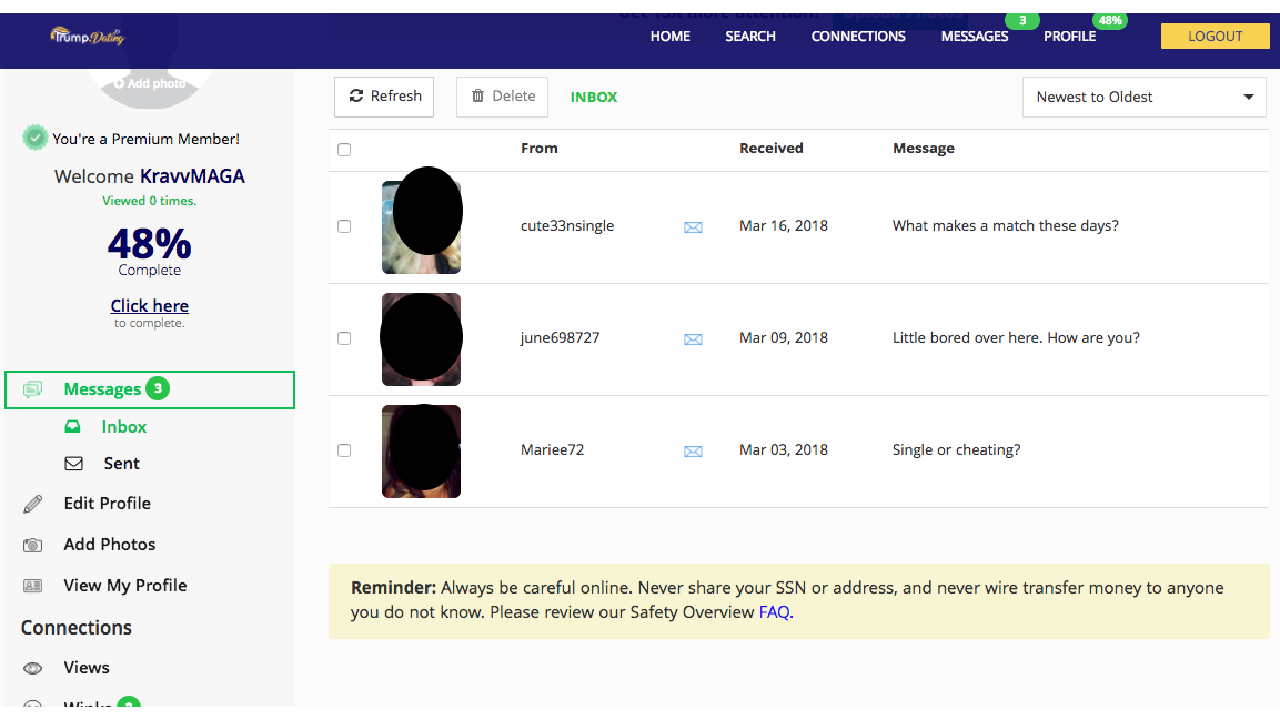 View of Trump.Dating profile with user messages