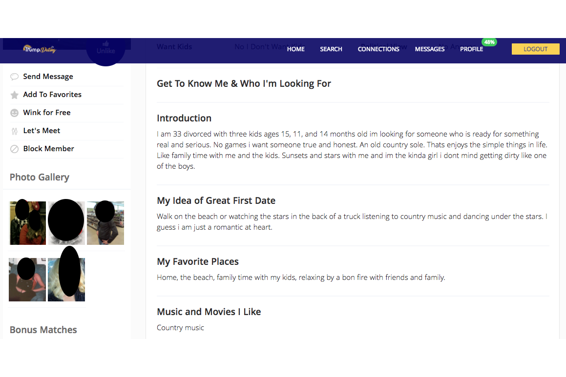 View of Trump.Dating profile with spelling errors