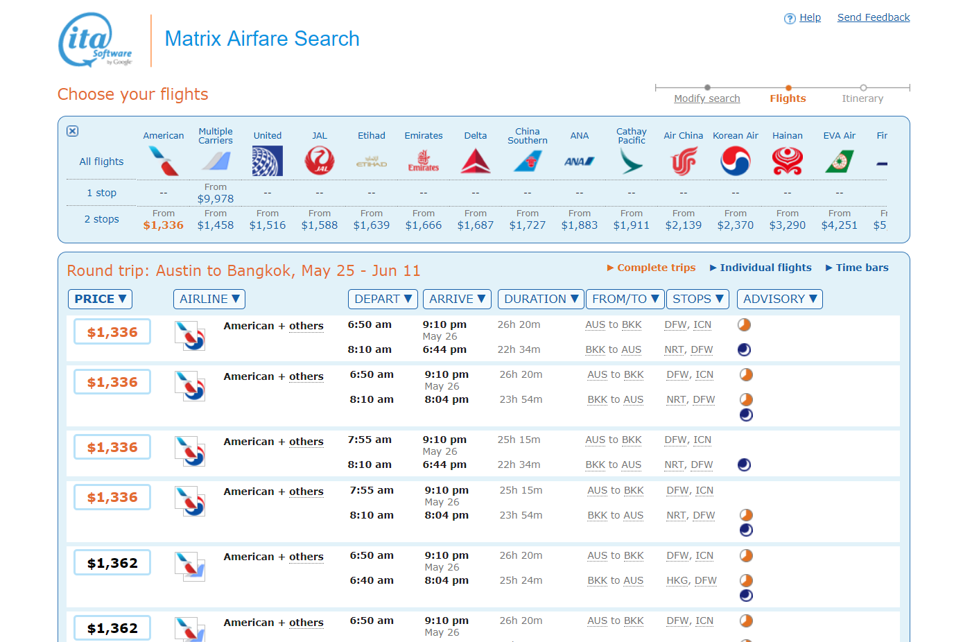 Example of flight options from Google Matrix