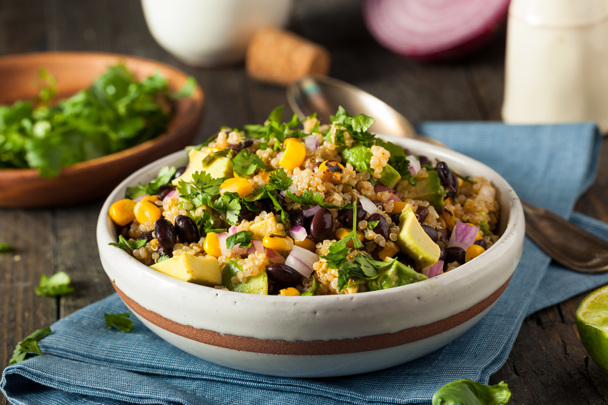Vegetarian bowl with quinoa, avocado, and black beans