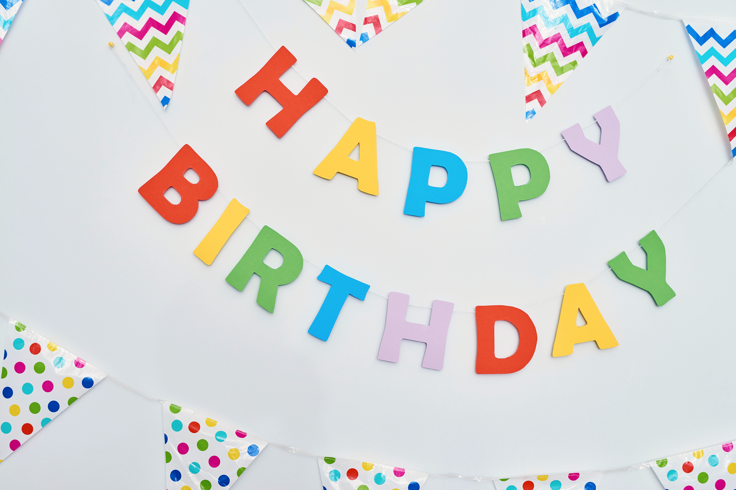 Happy birthday banner and colorful flags