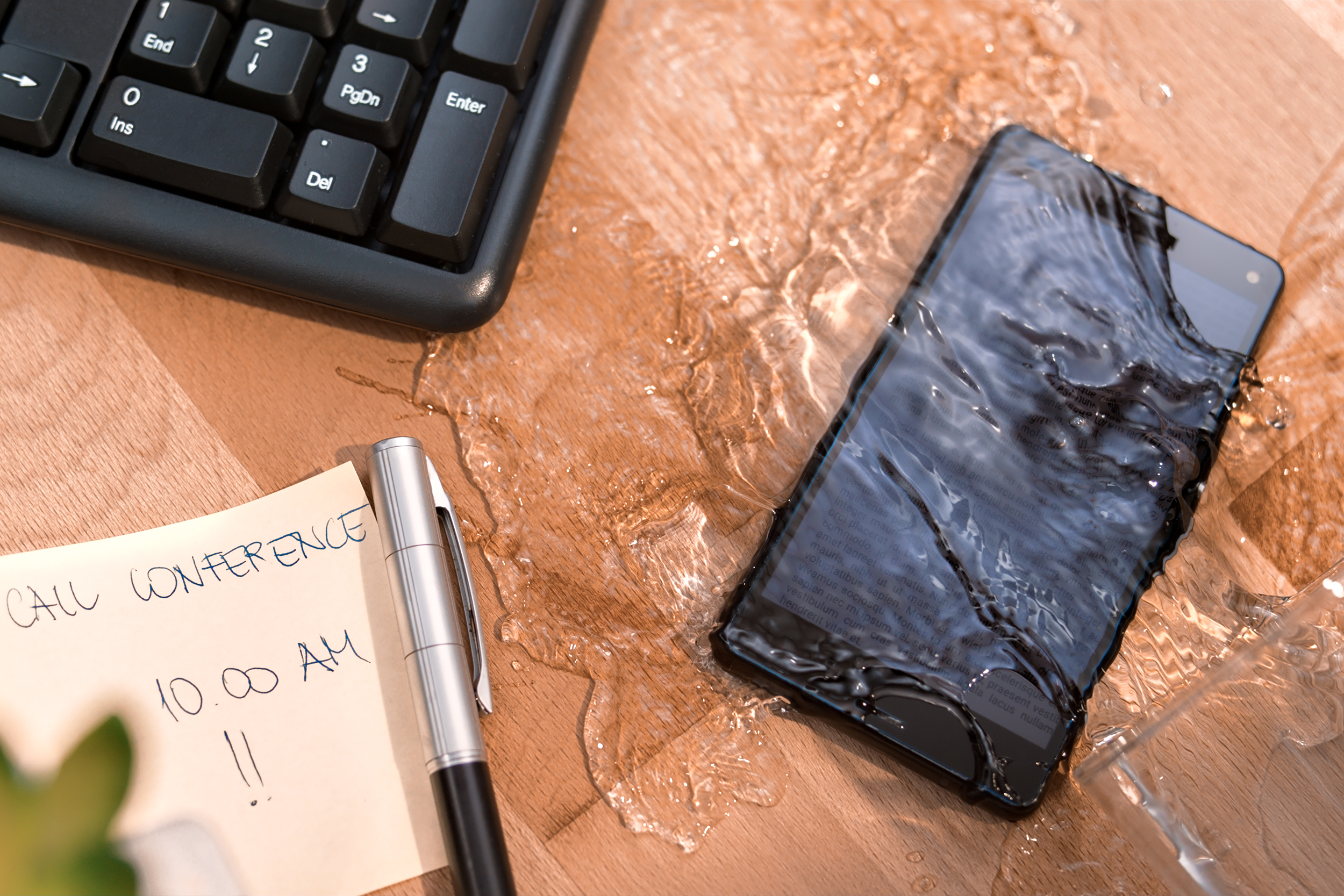 Water spilled on cellphone on a desk