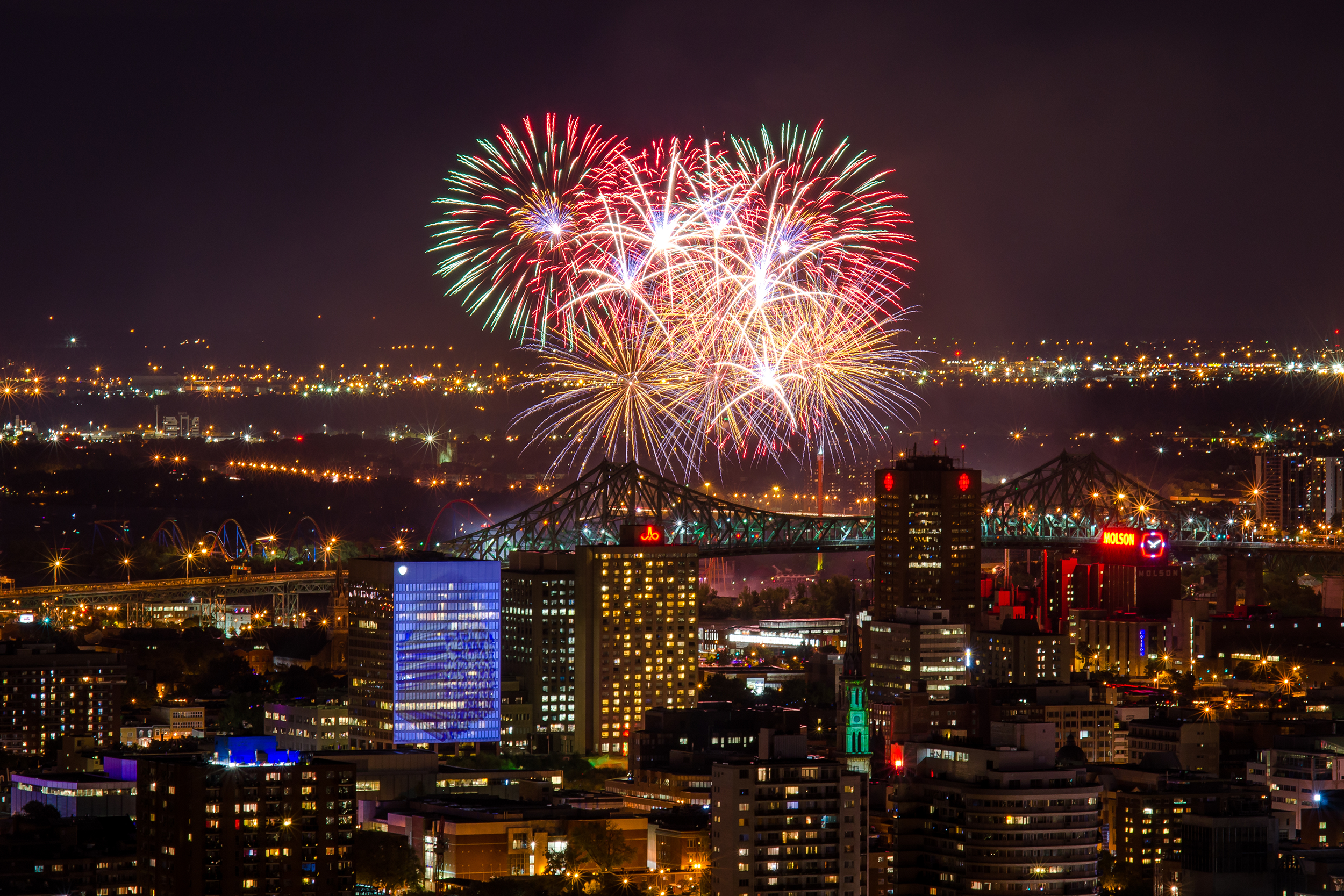 Fireworks over a city for the Fourth of July