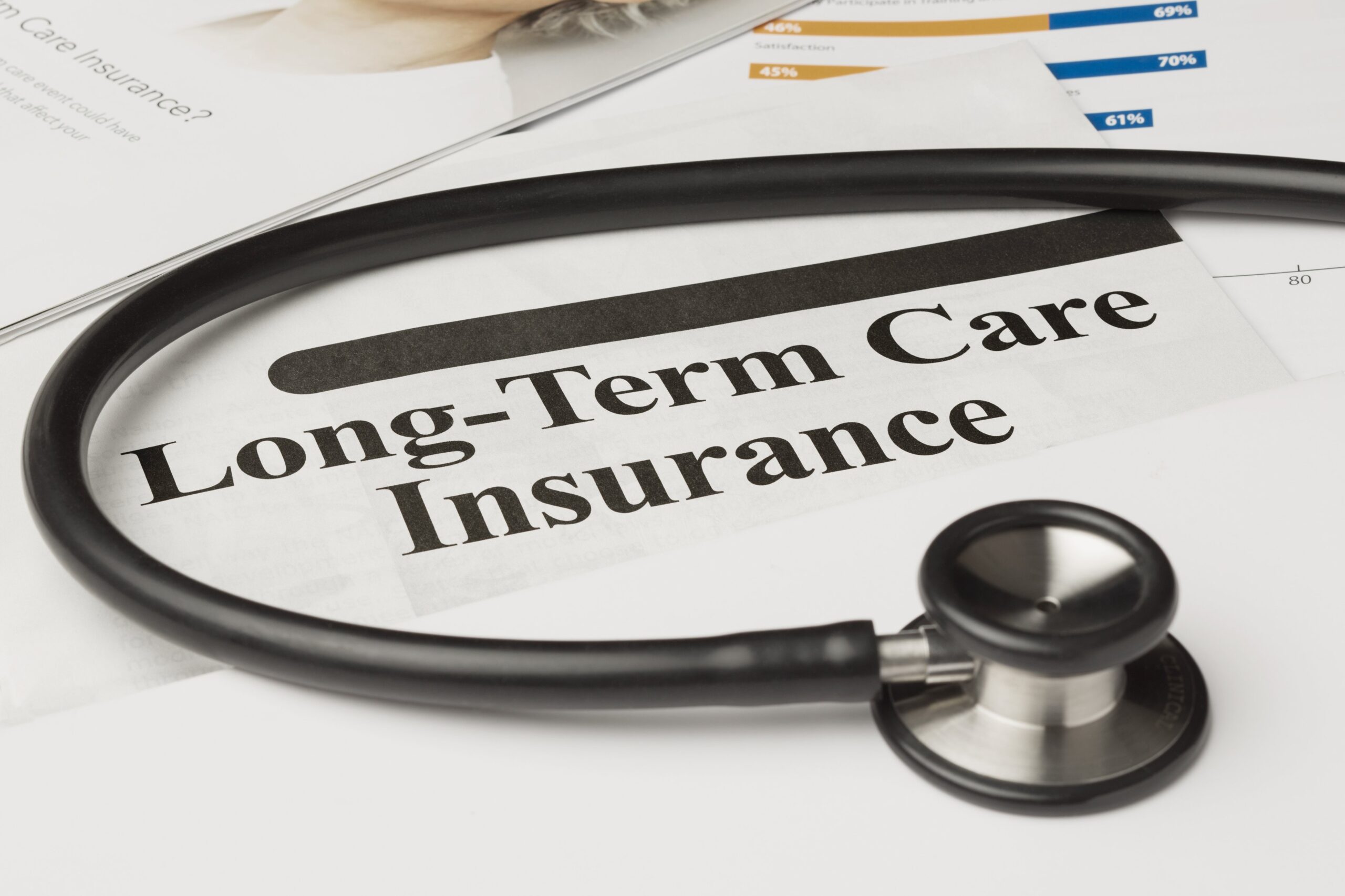 document that reads 'longterm care insurance' in bold lettering with doctor's stethoscope laying across the top