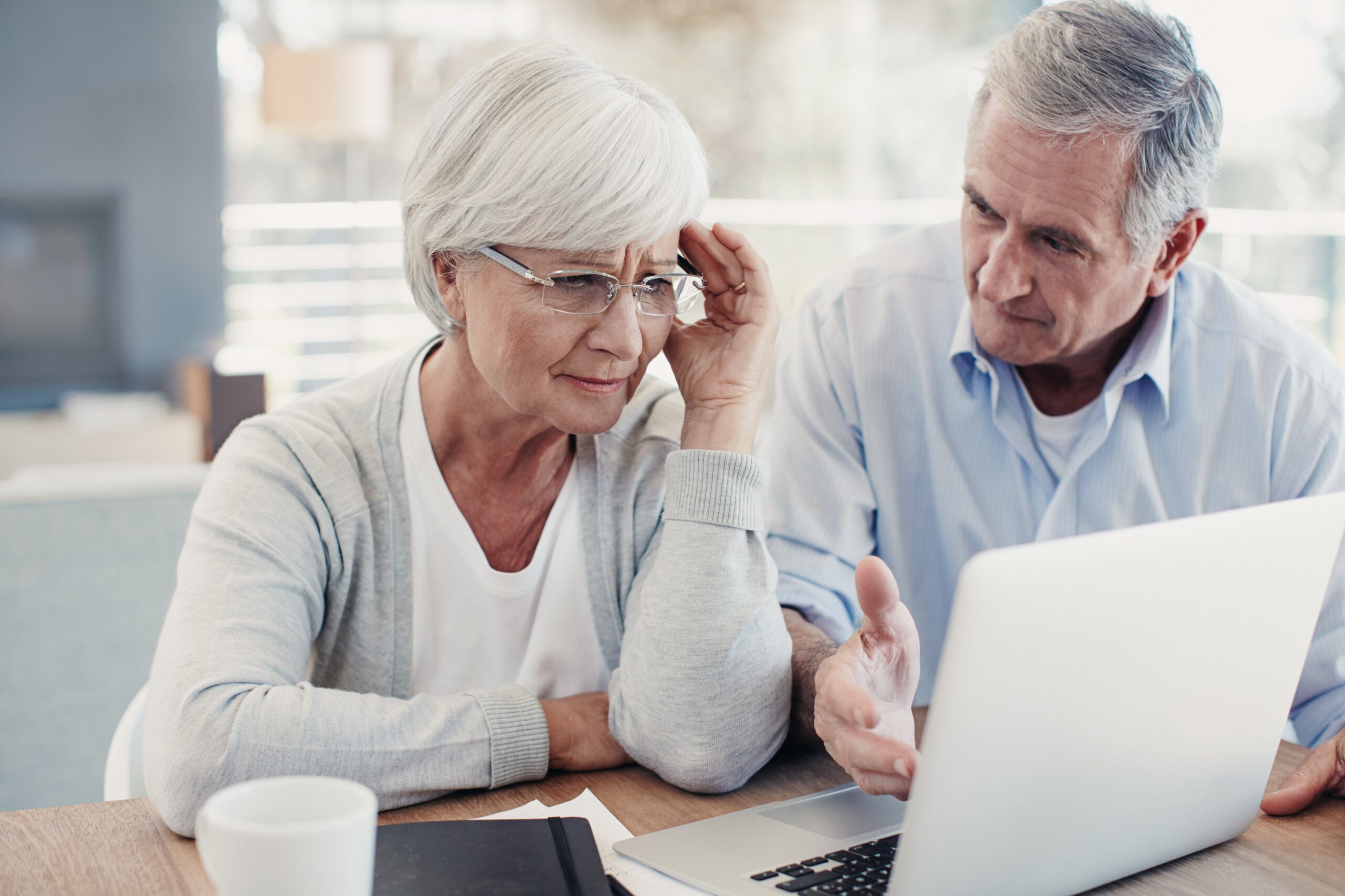 elderly couple, frustrated by what they're seeing on their computer screen