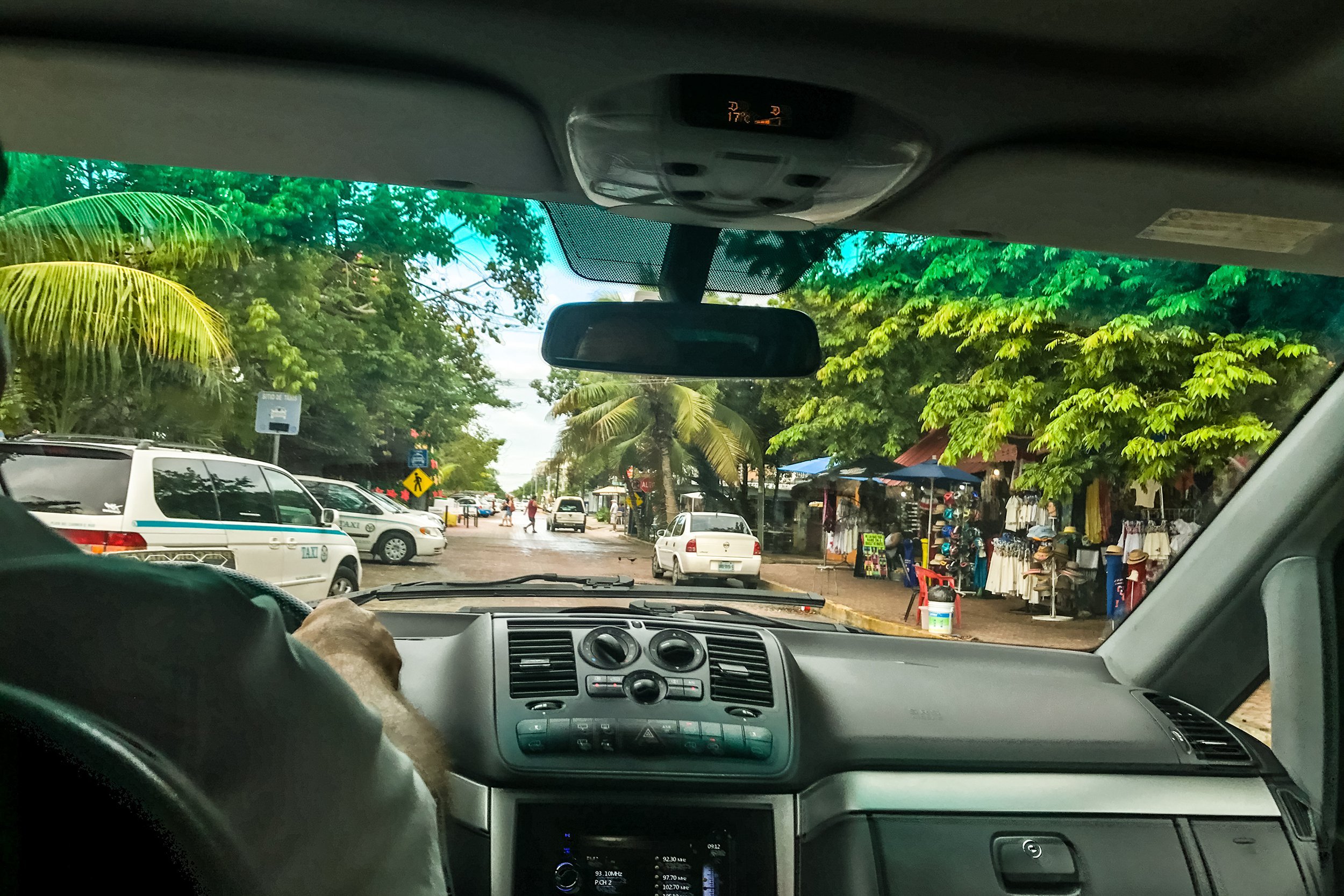 view from a taxi driving through Playa Del Carmen streets, Mexico