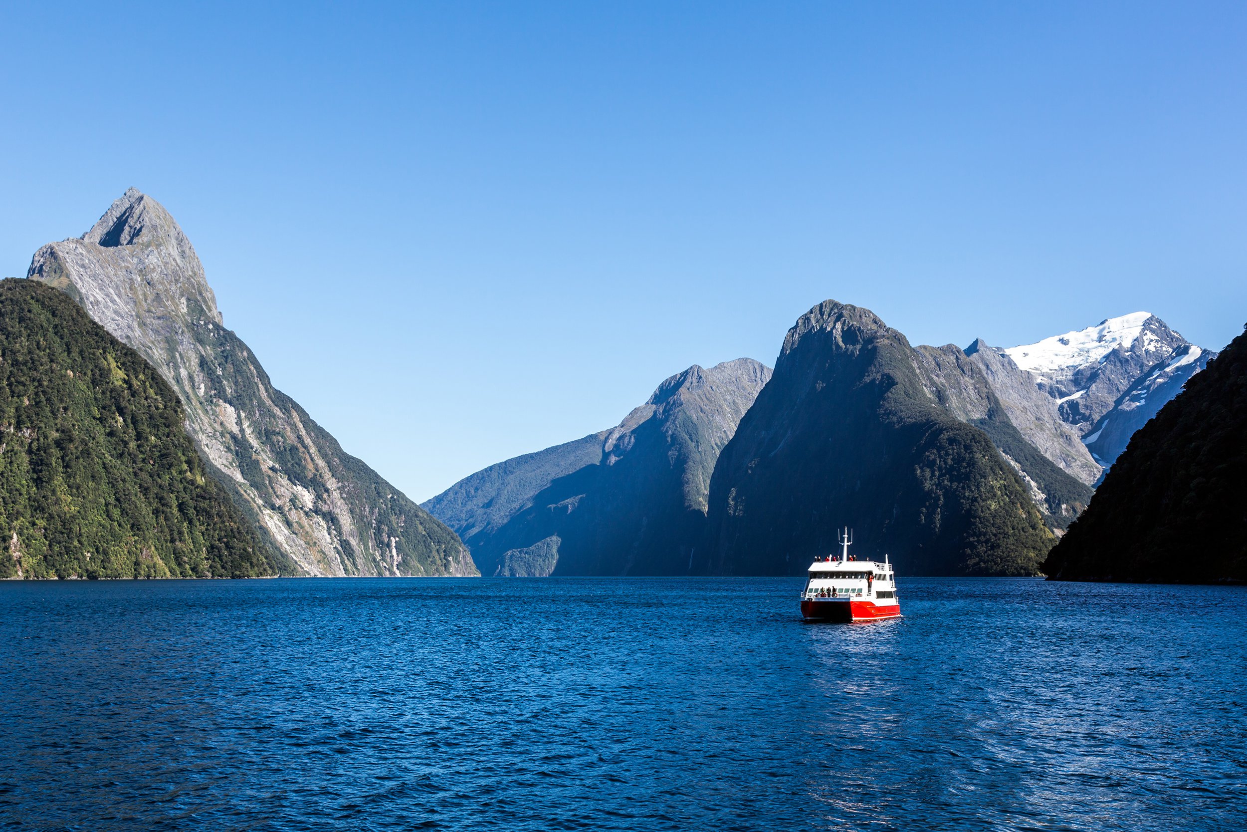 small cruise ship in Milford Sound, New Zealand