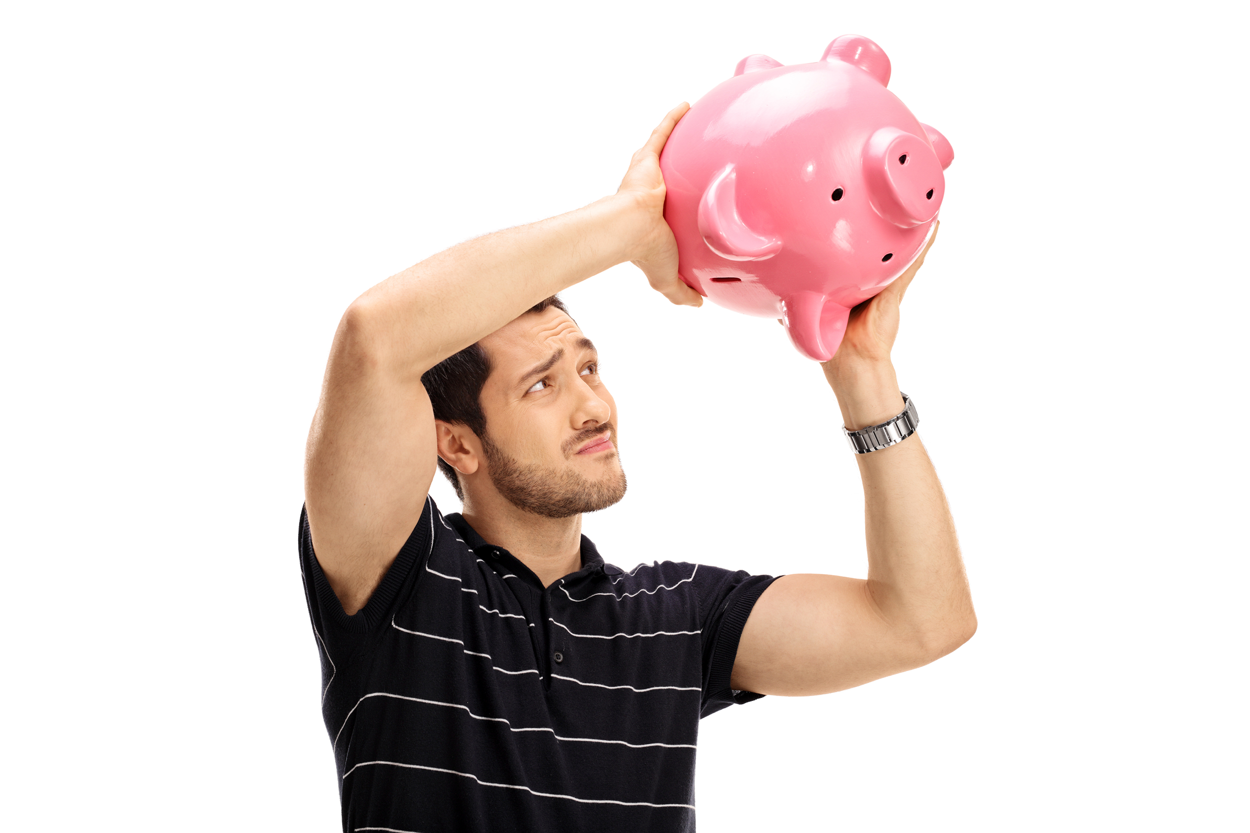 Man shaking empty piggy bank