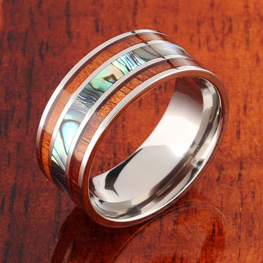 Koa Wood Abalone Titanium Wedding Ring Mens Ring