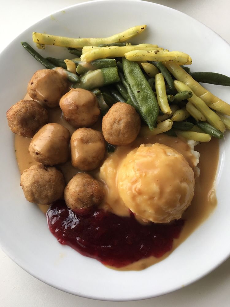 Ikea meatballs, mashed potatoes, and vegetables